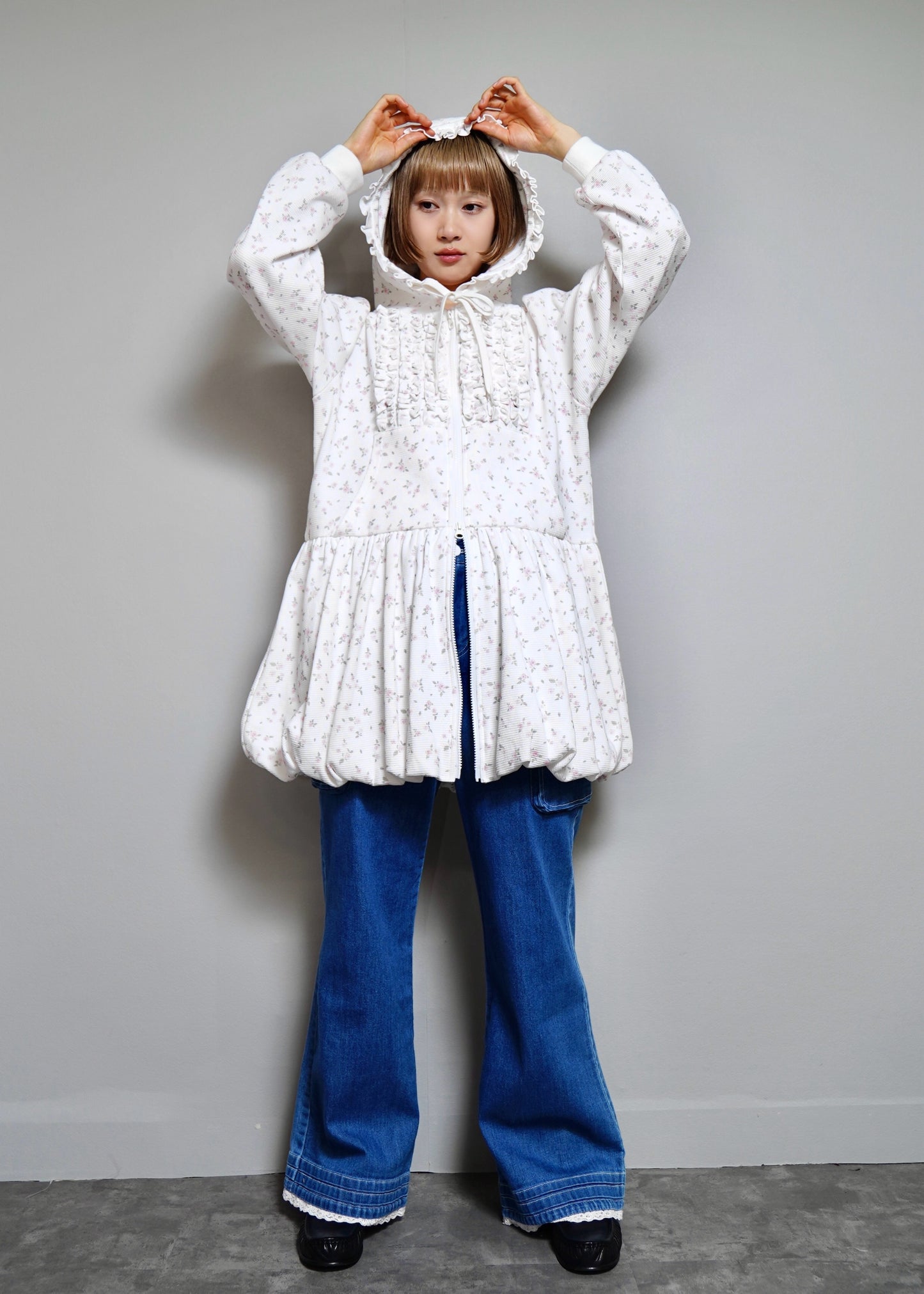flower waffle balloon zip dress