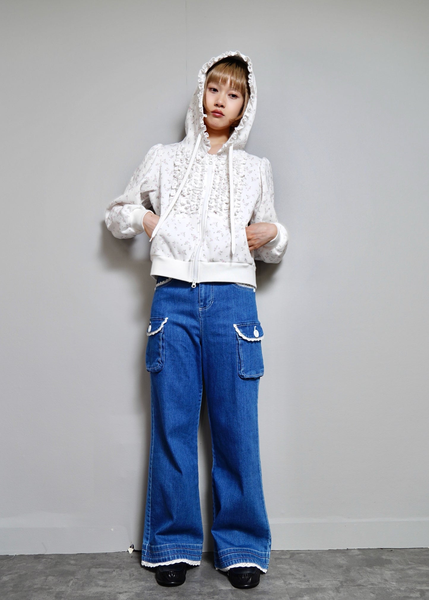 flower waffle zip hoodie