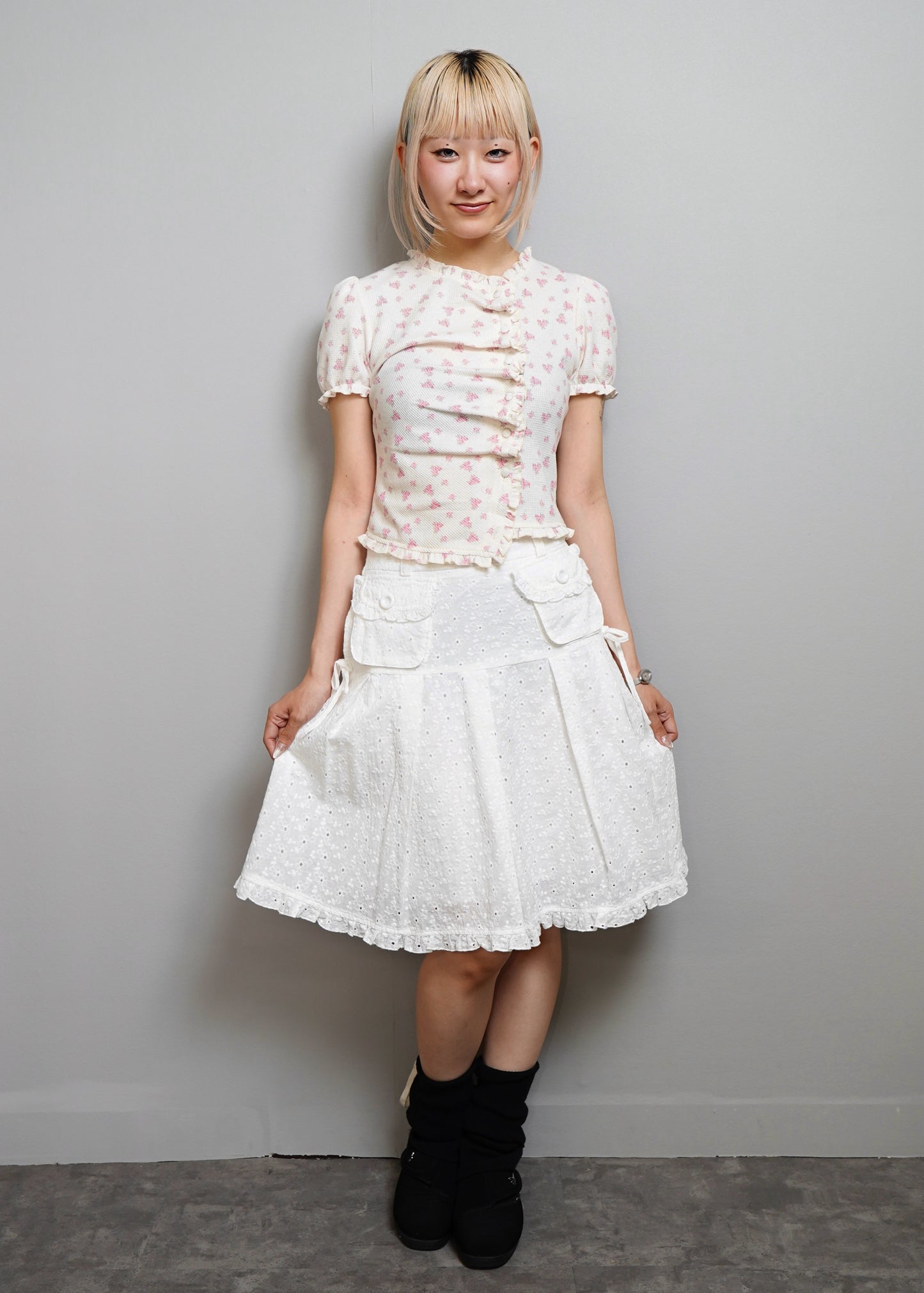 flower waffle frill button-up Tee