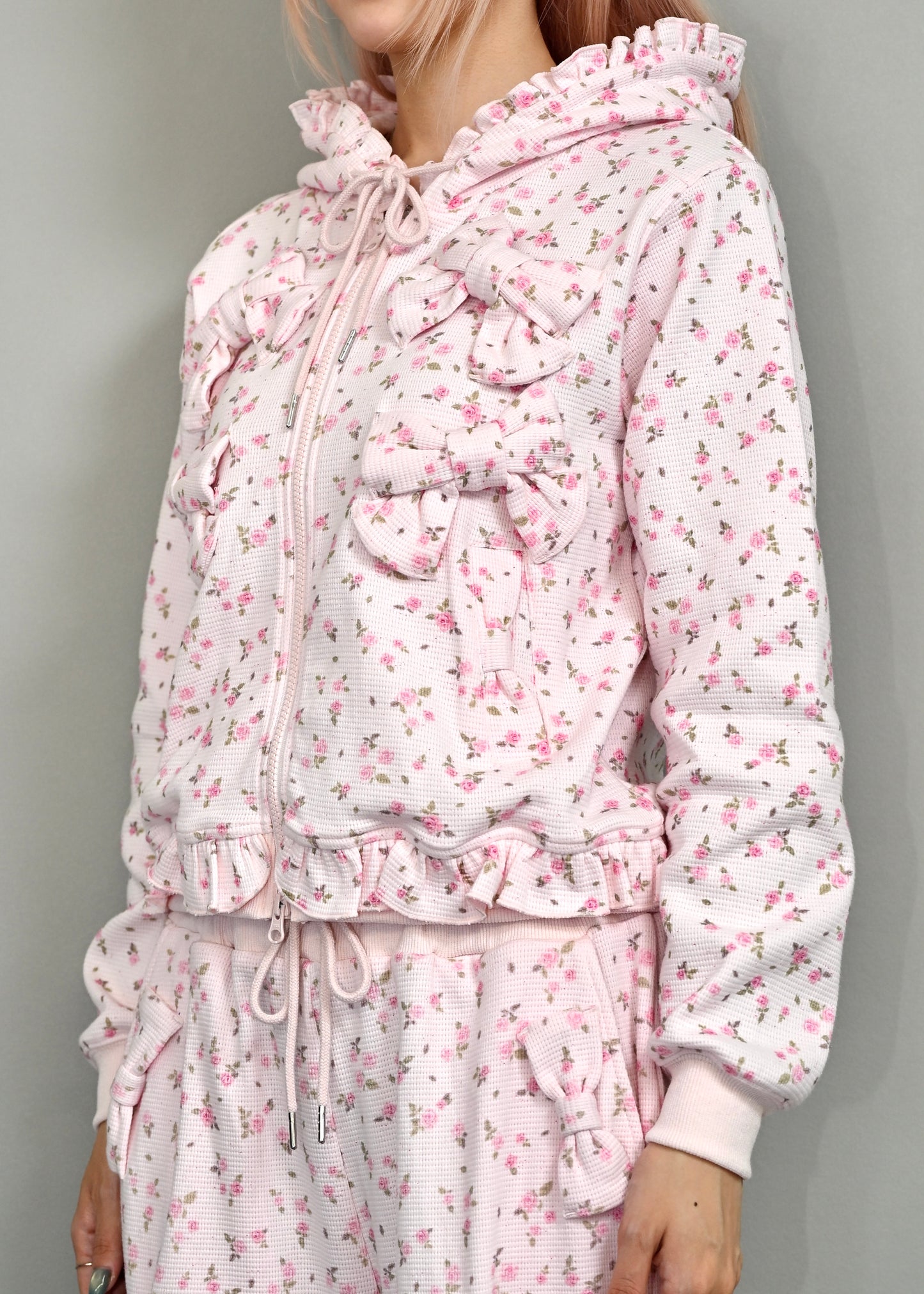flower waffle ribbonful zip hoodie