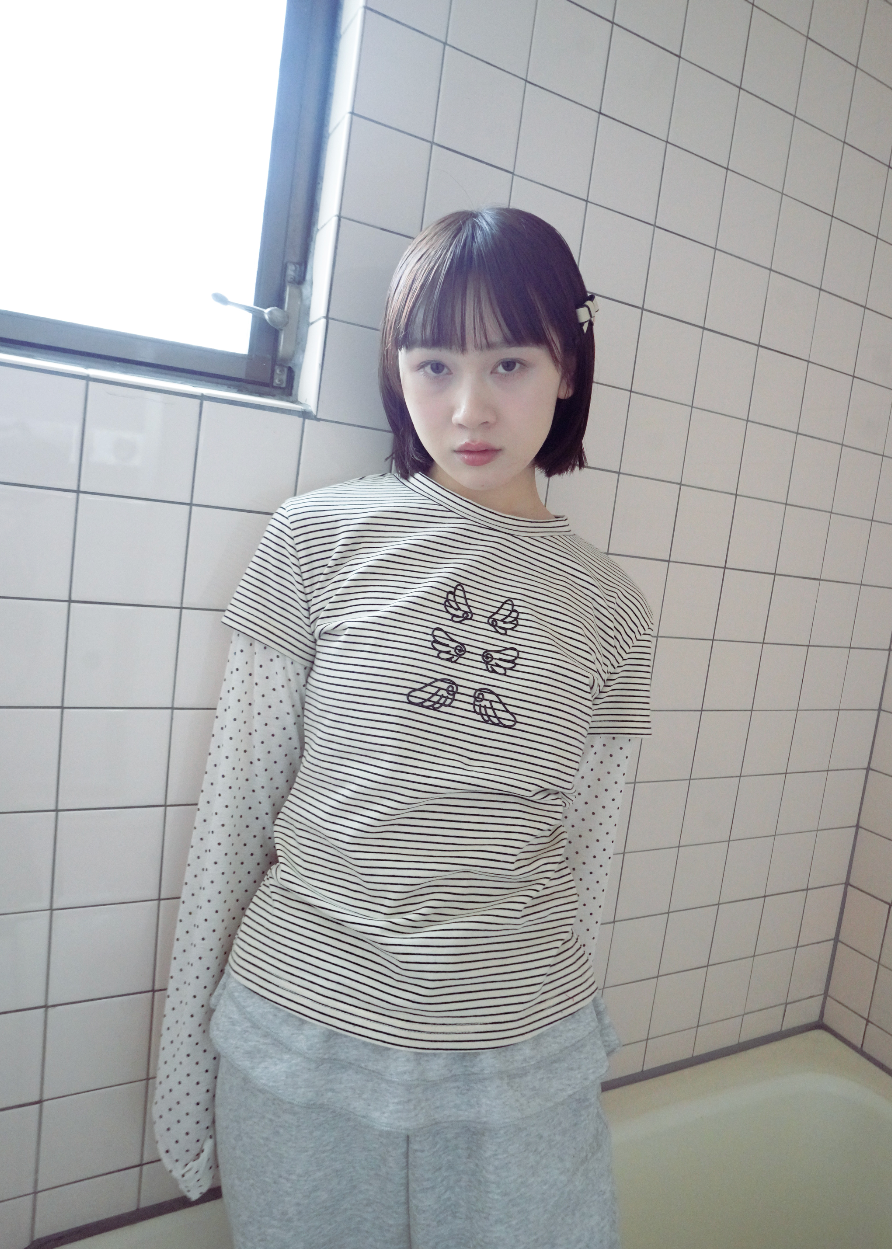 「Flying」layered T-shirt-CREAM BORDER