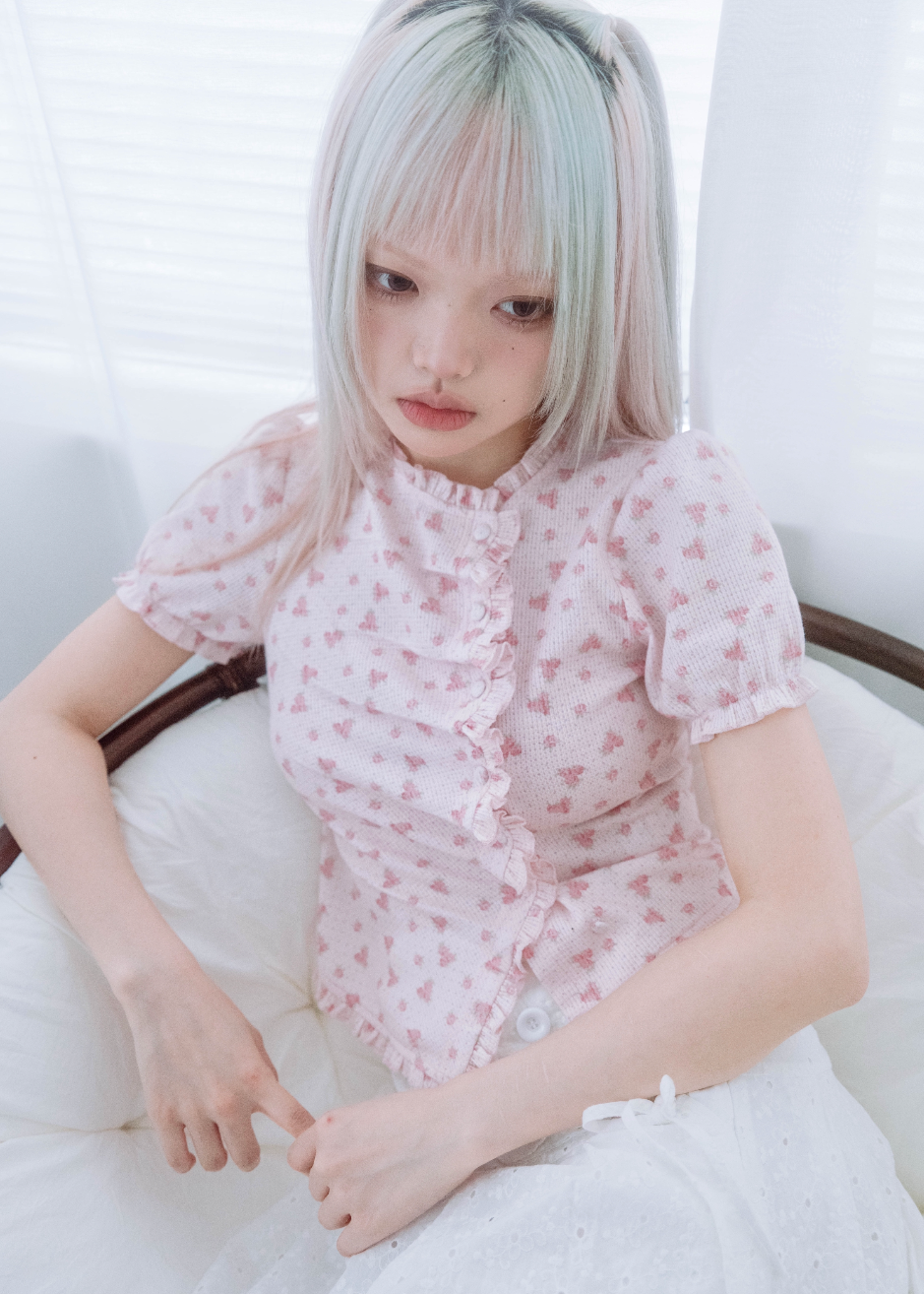 flower waffle frill button-up Tee