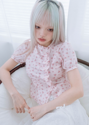 flower waffle frill button-up Tee