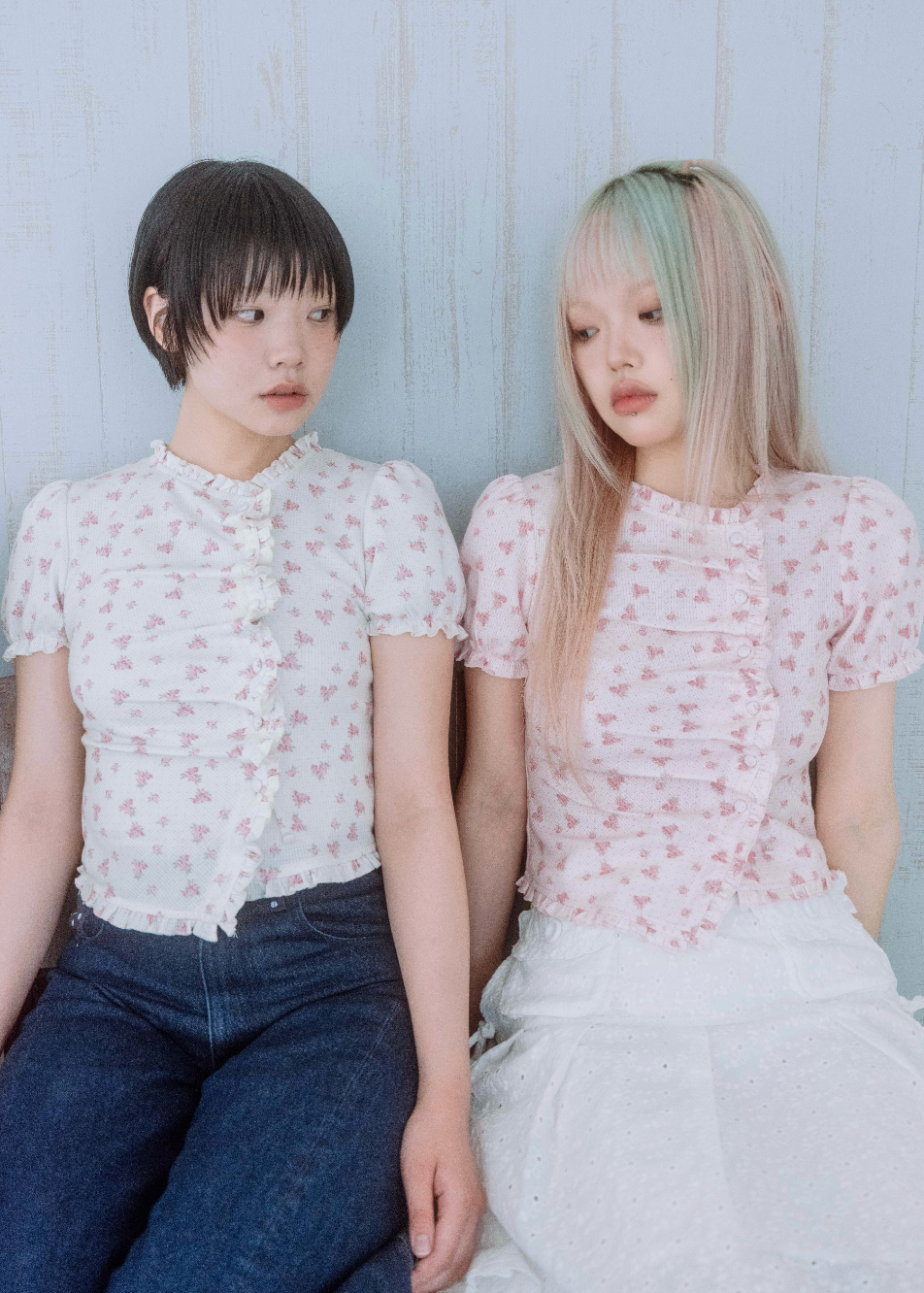 flower waffle frill button-up Tee