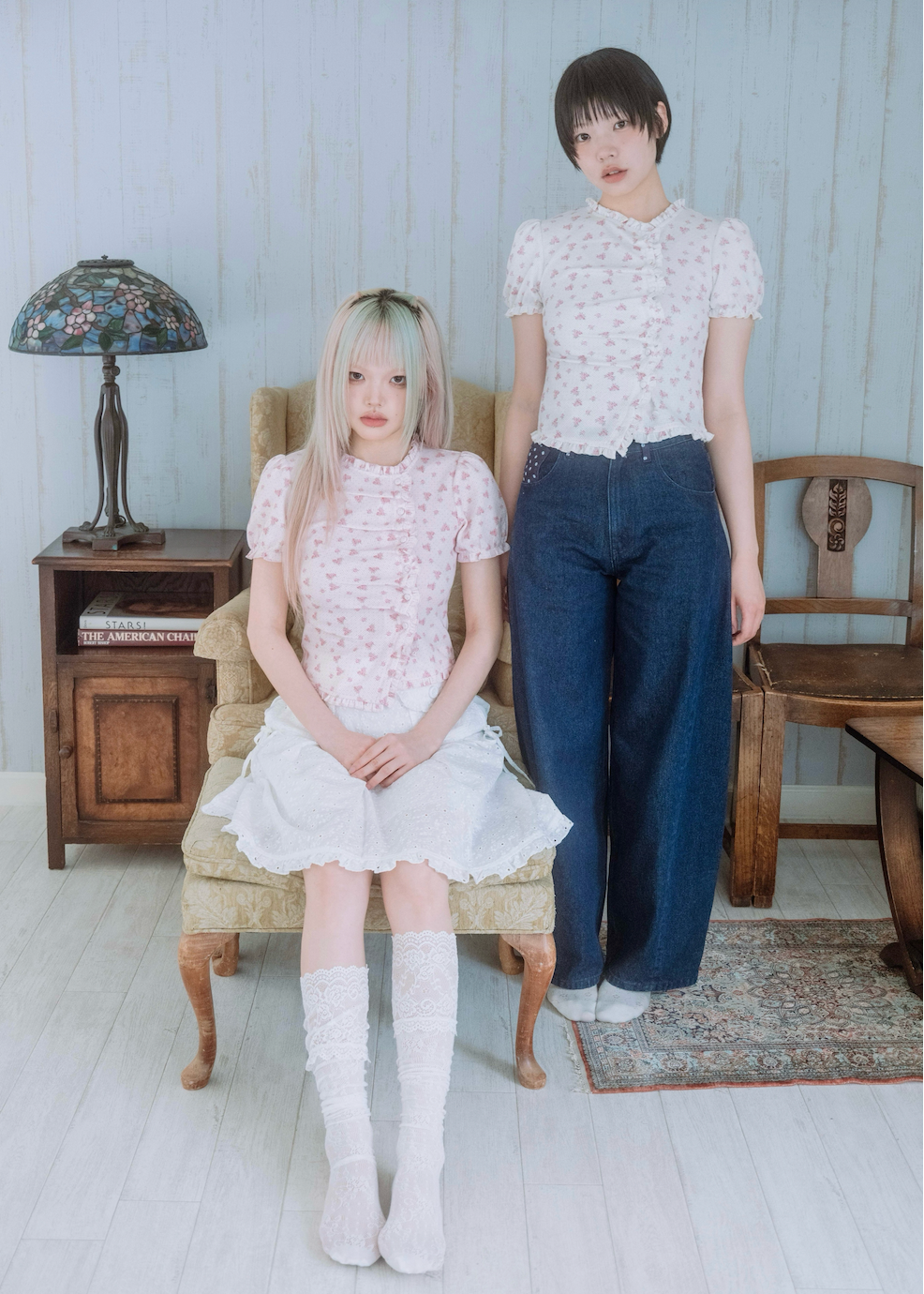 flower waffle frill button-up Tee
