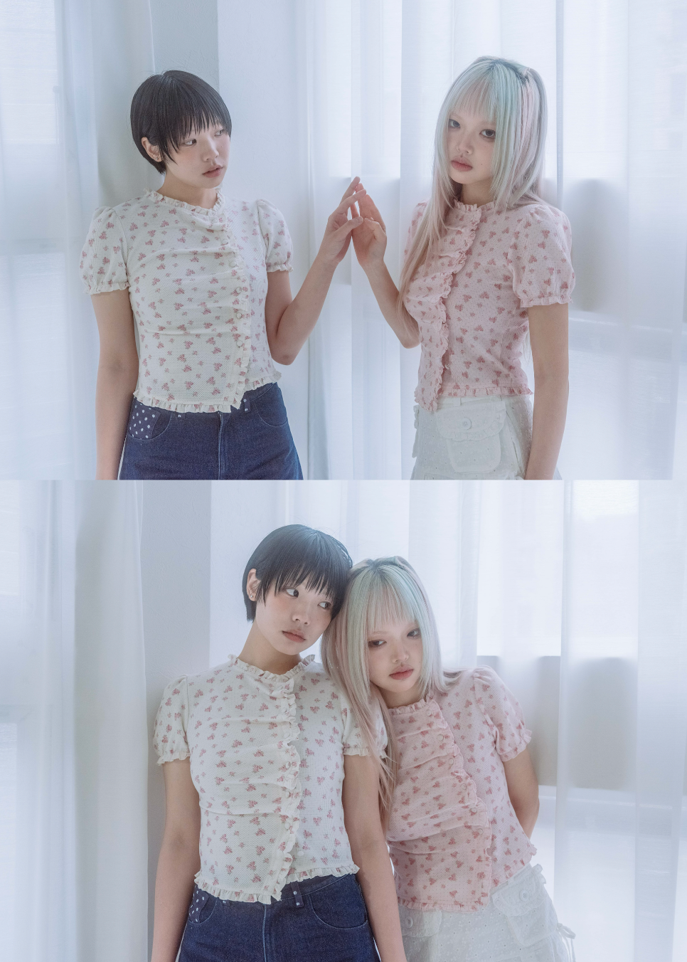 flower waffle frill button-up Tee