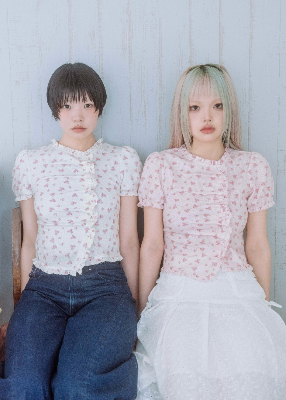 flower waffle frill button-up Tee