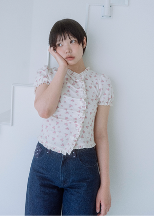 flower waffle frill button-up Tee