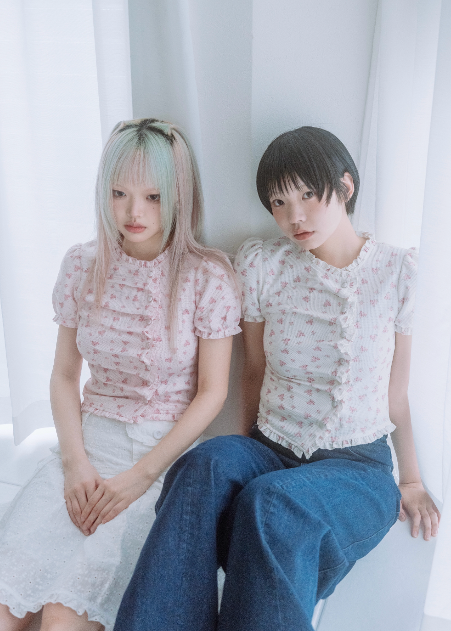 flower waffle frill button-up Tee