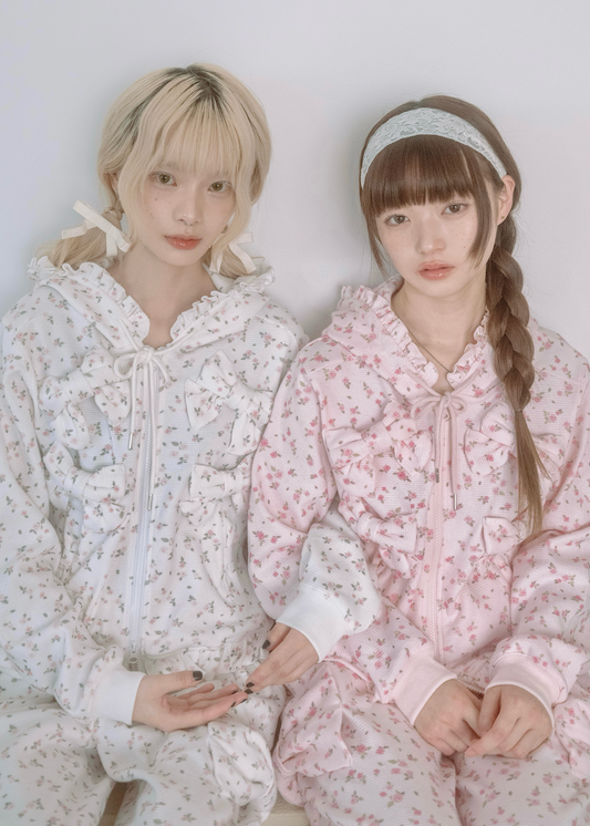 flower waffle ribbonful zip hoodie