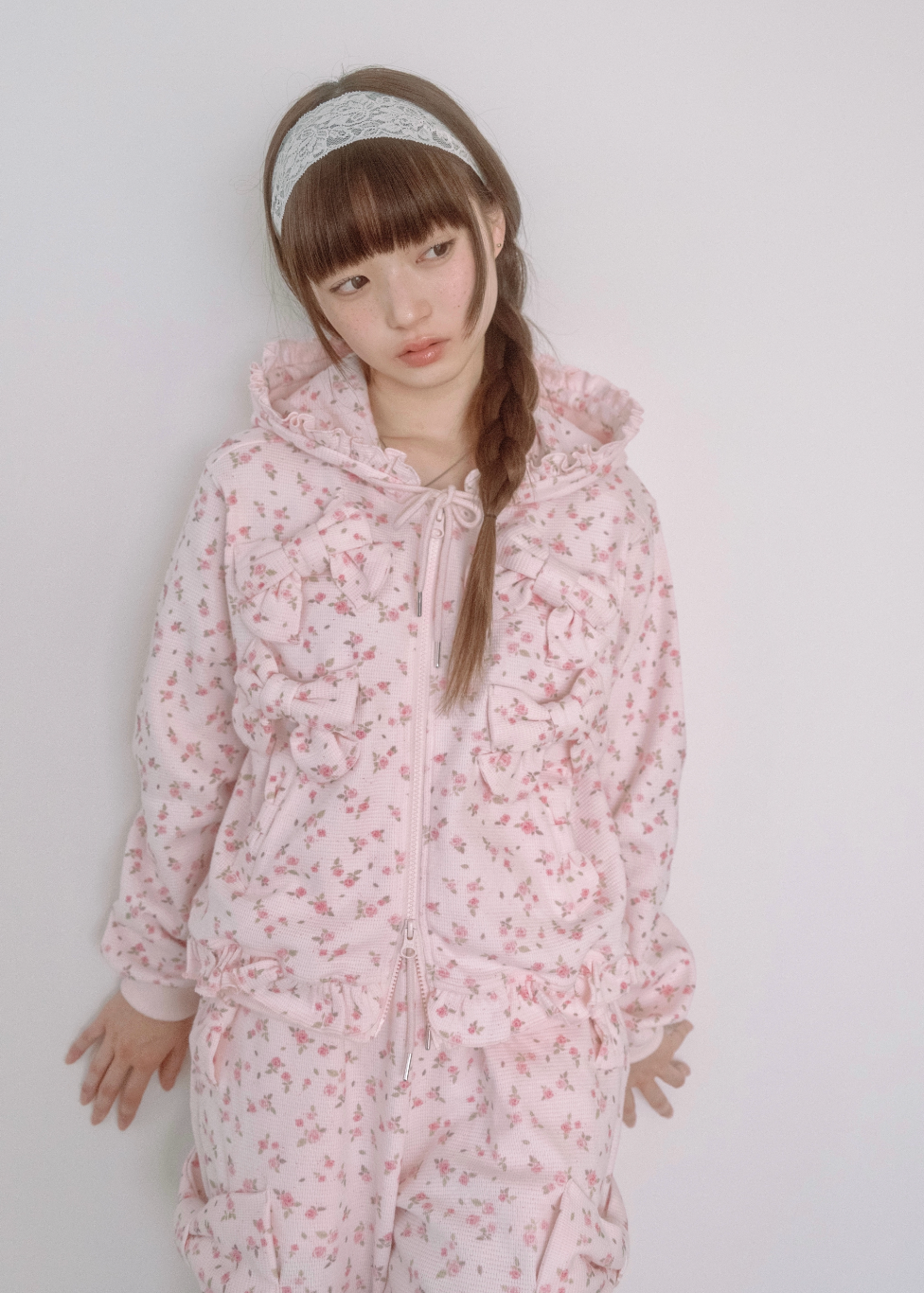 flower waffle ribbonful zip hoodie