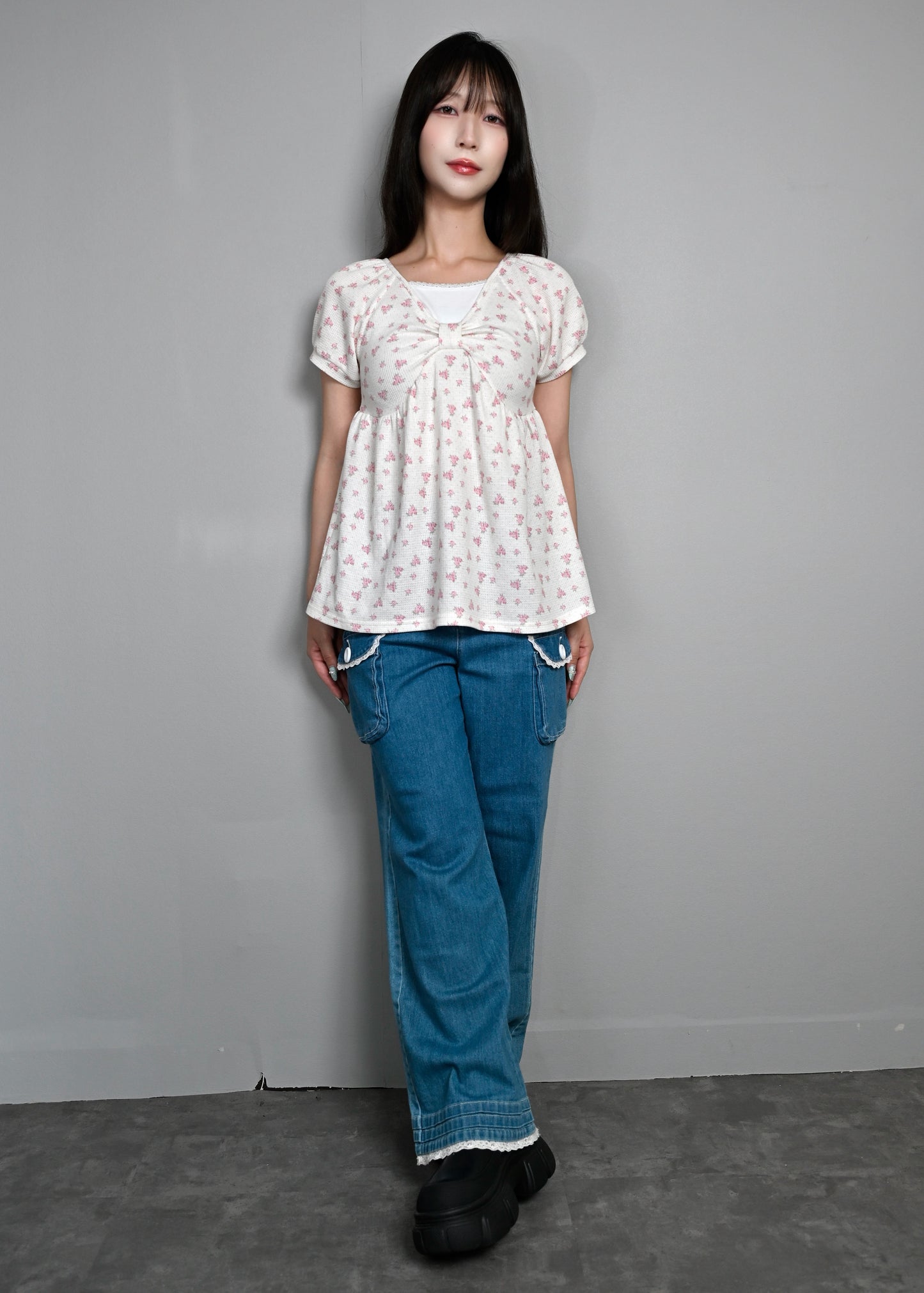 【8月初旬発送】flower waffle ribbon tunic