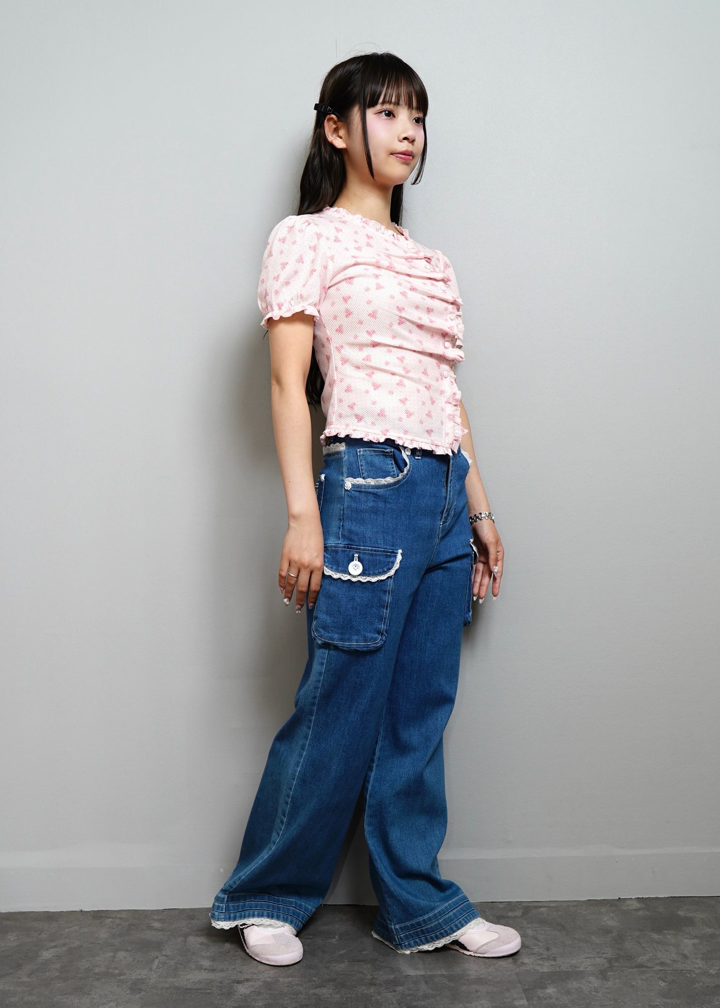 flower waffle frill button-up Tee