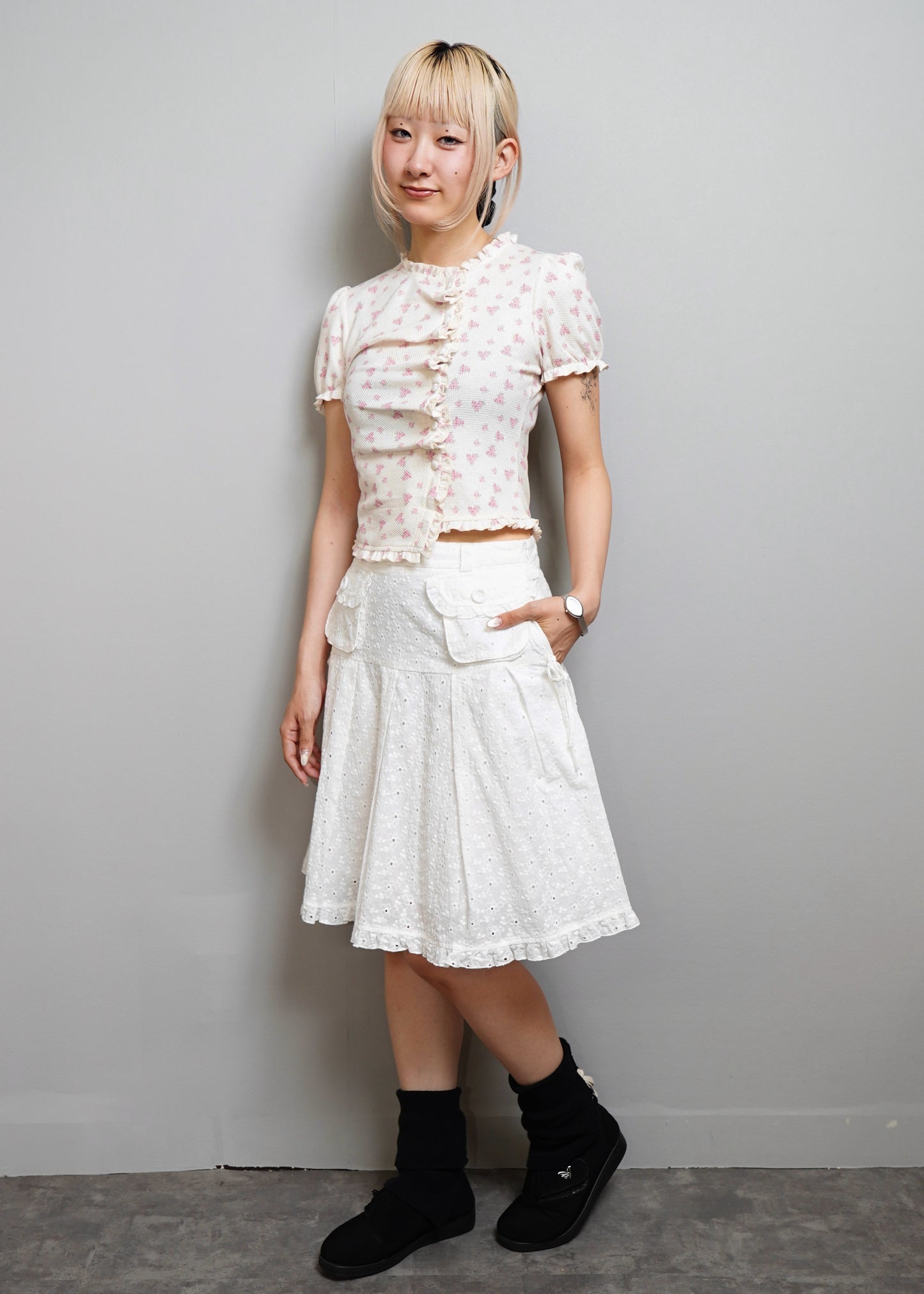 flower waffle frill button-up Tee