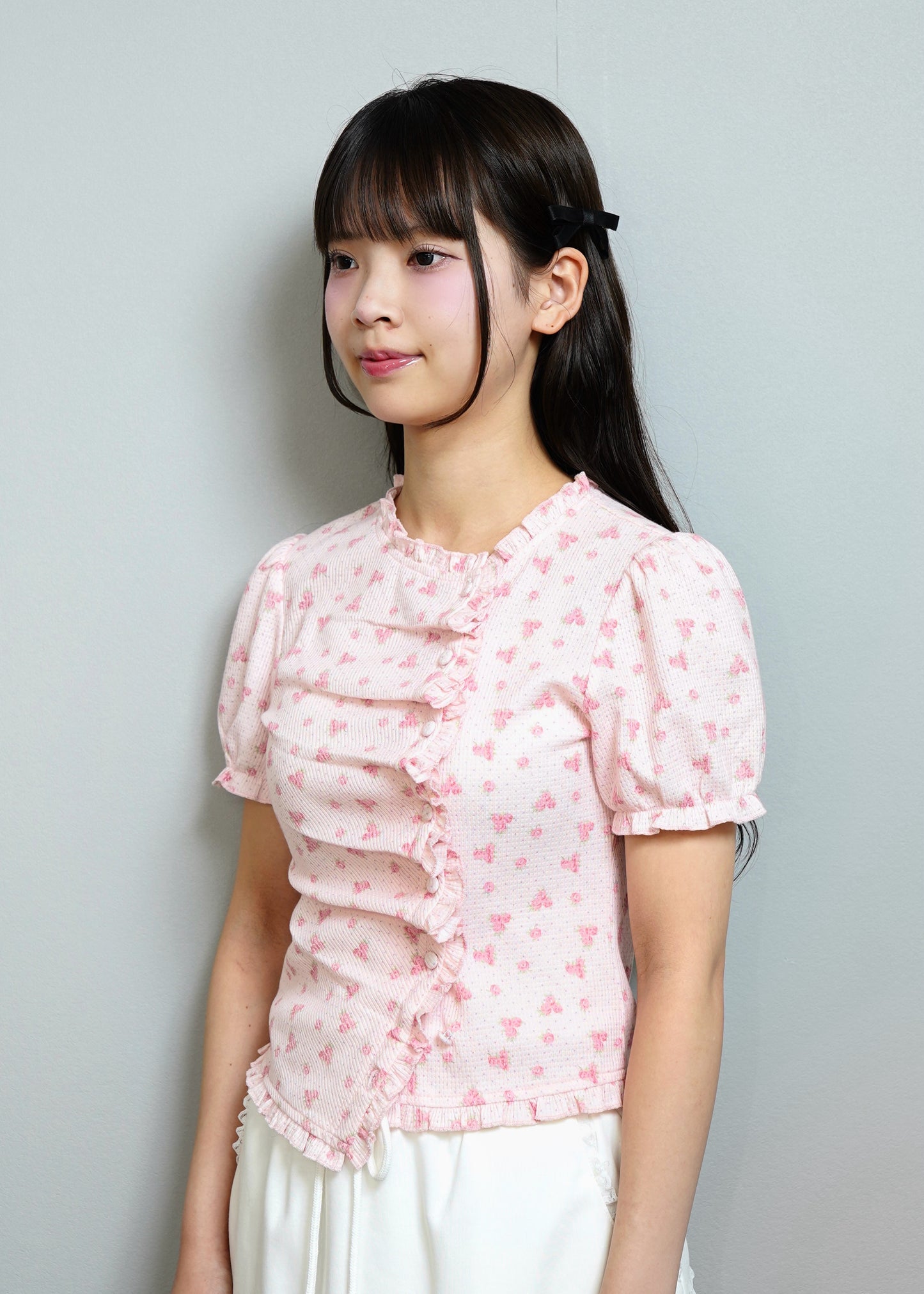 flower waffle frill button-up Tee