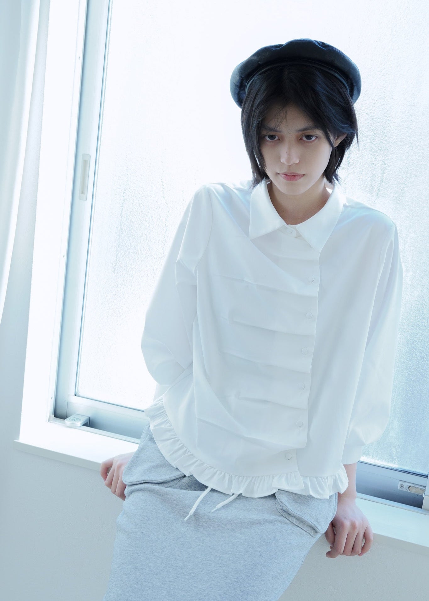 button up frill blouse-WHITE