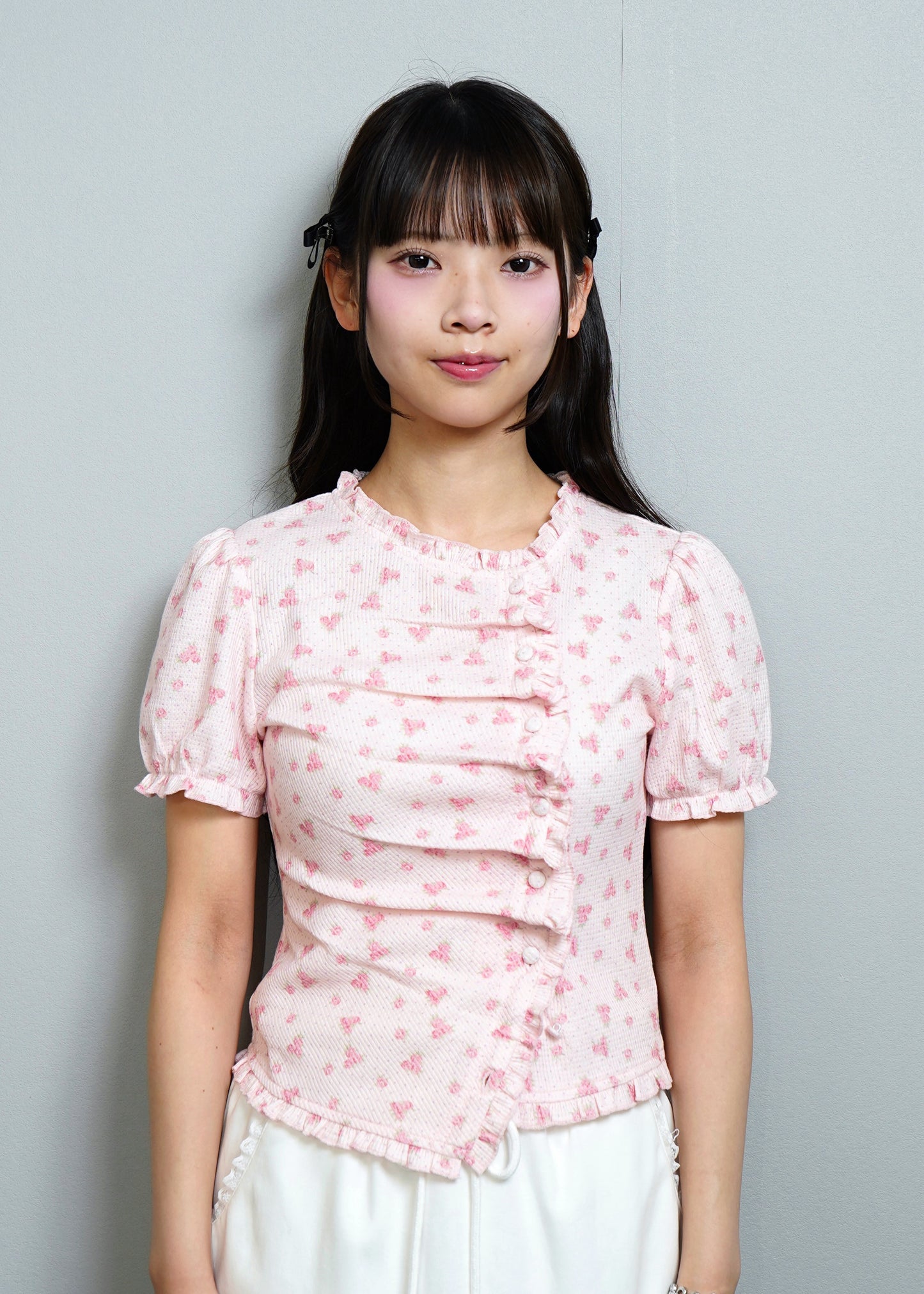 flower waffle frill button-up Tee