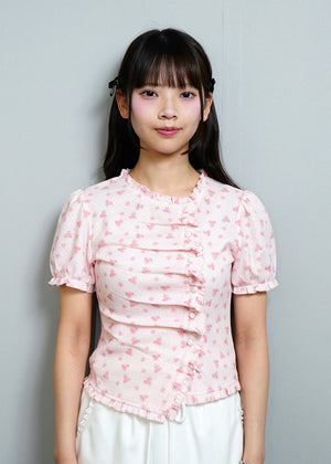 flower waffle frill button-up Tee