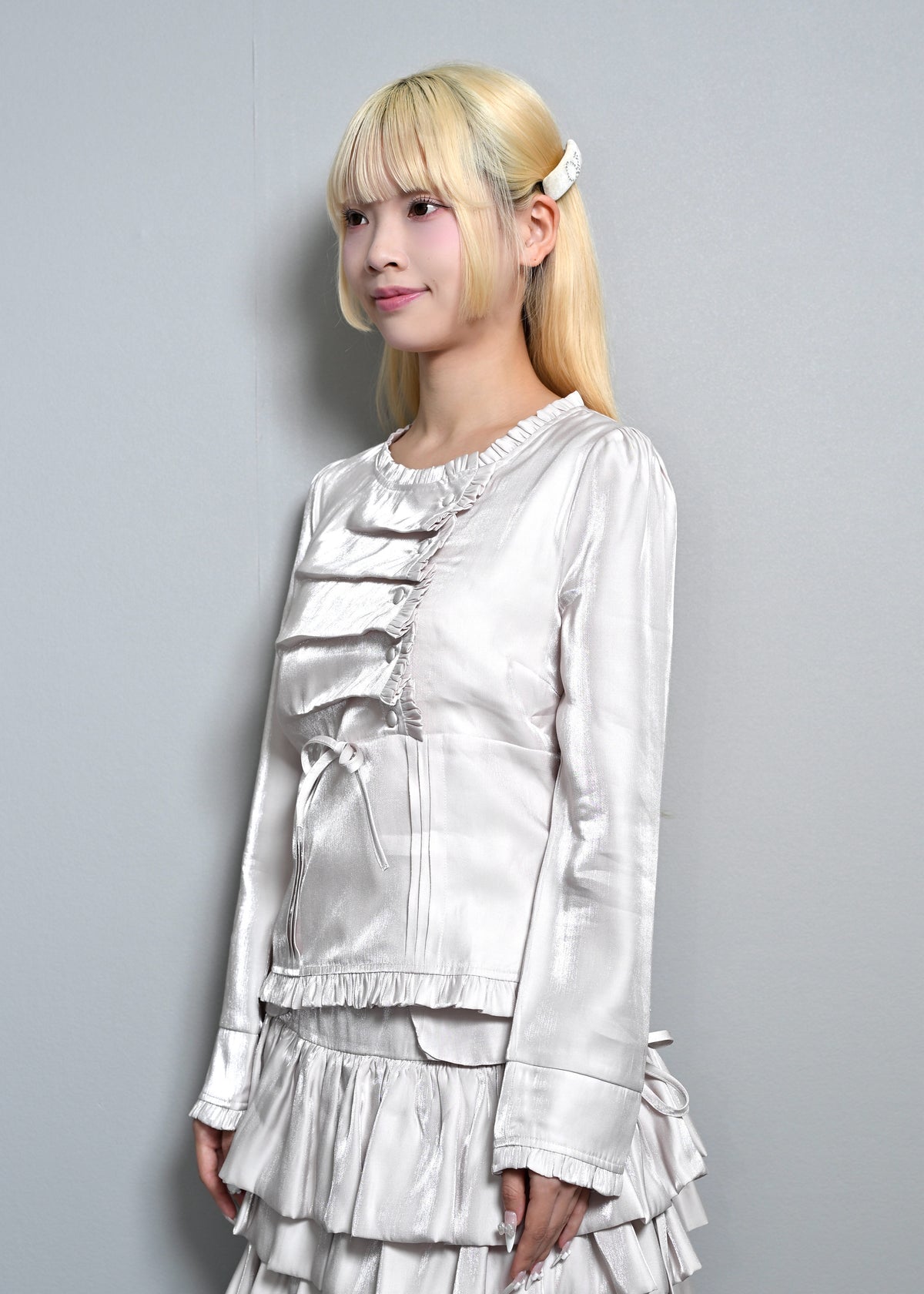 button up shimmer blouse