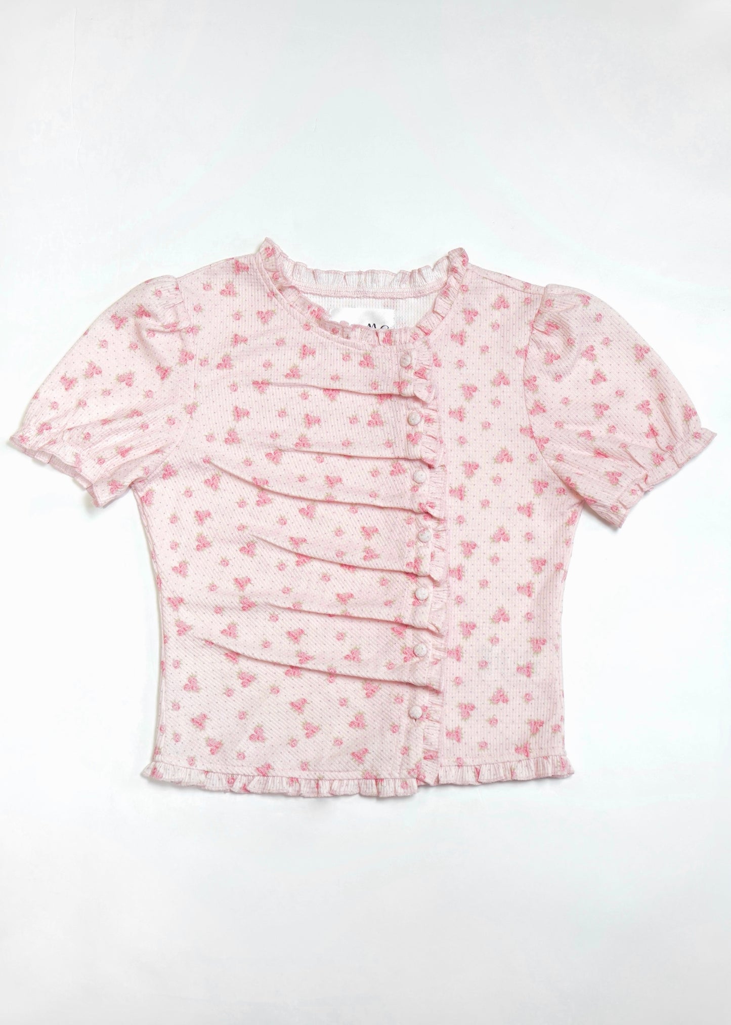 flower waffle frill button-up Tee