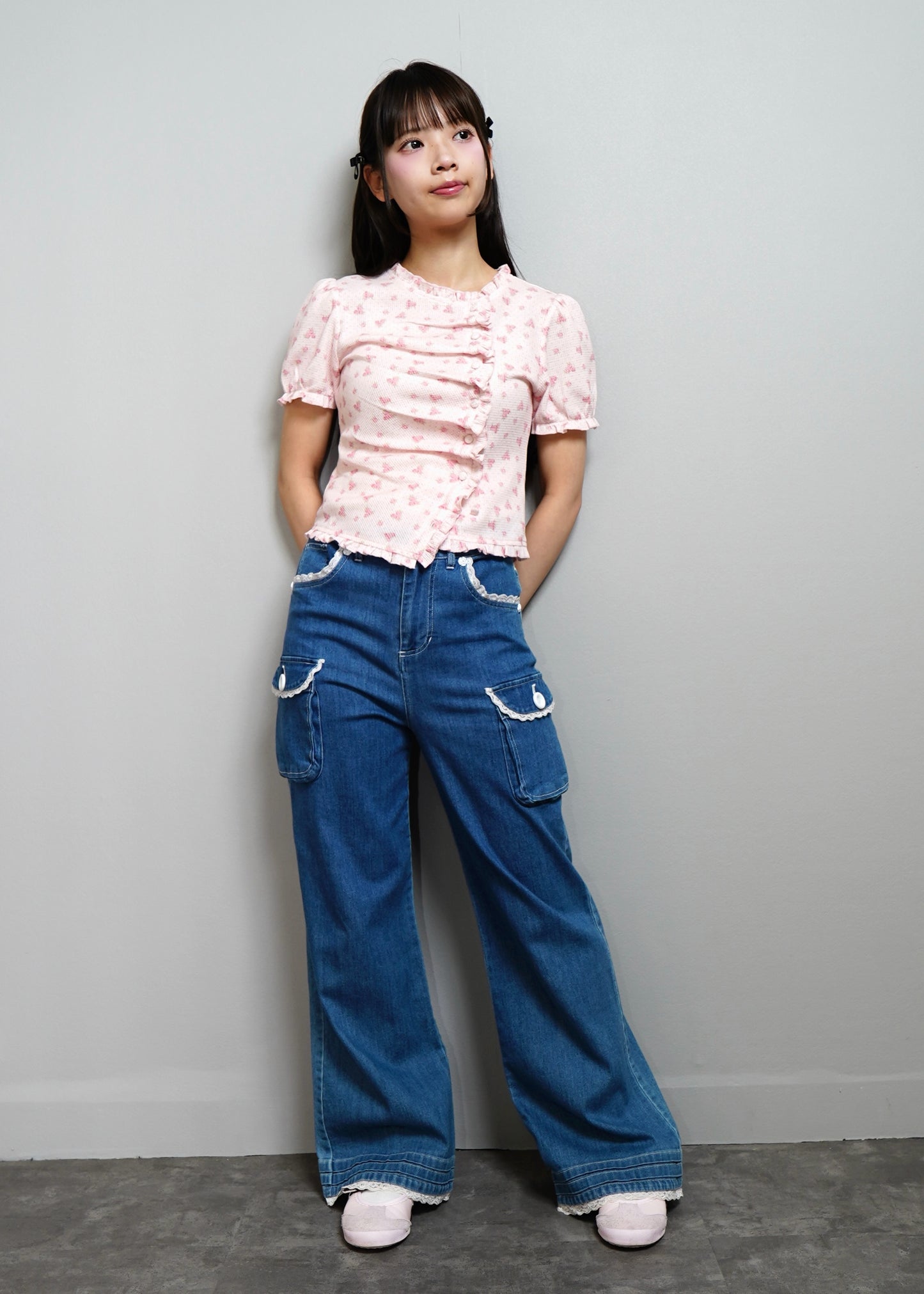 flower waffle frill button-up Tee