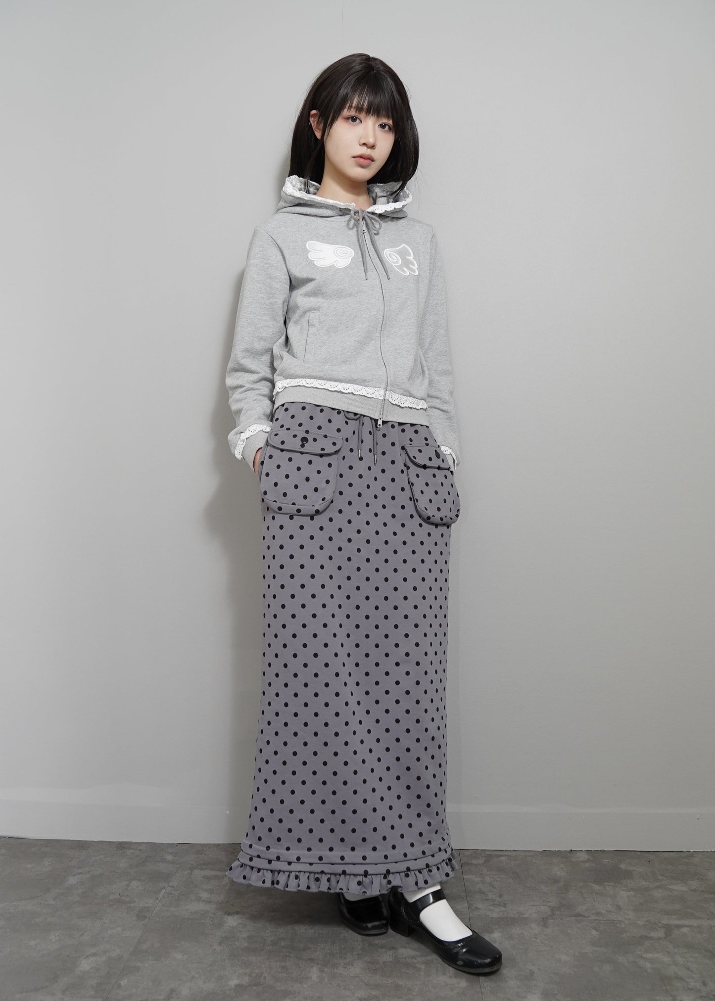 cargo frill long skirt-DOT GRAY