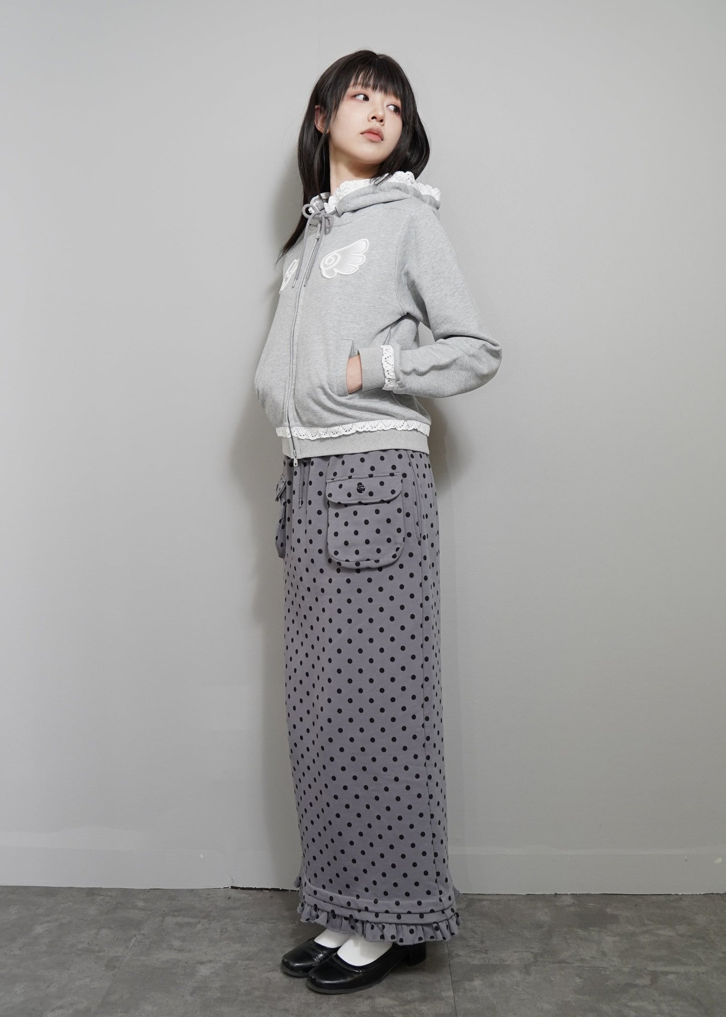 cargo frill long skirt-DOT GRAY