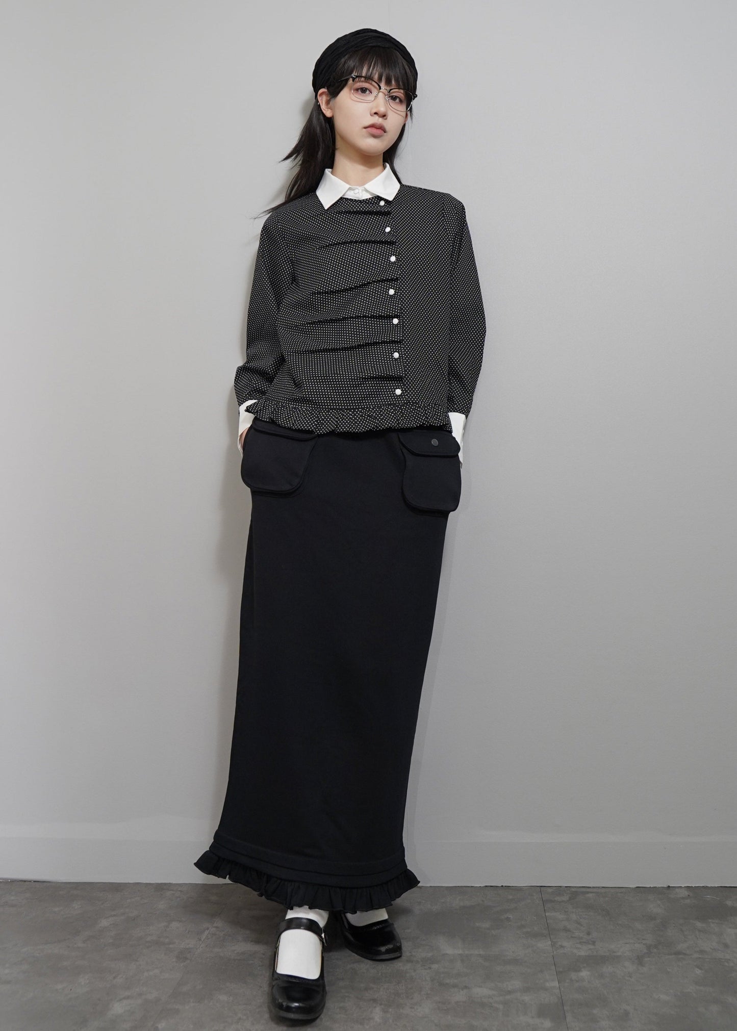 cargo frill long skirt-BLACK