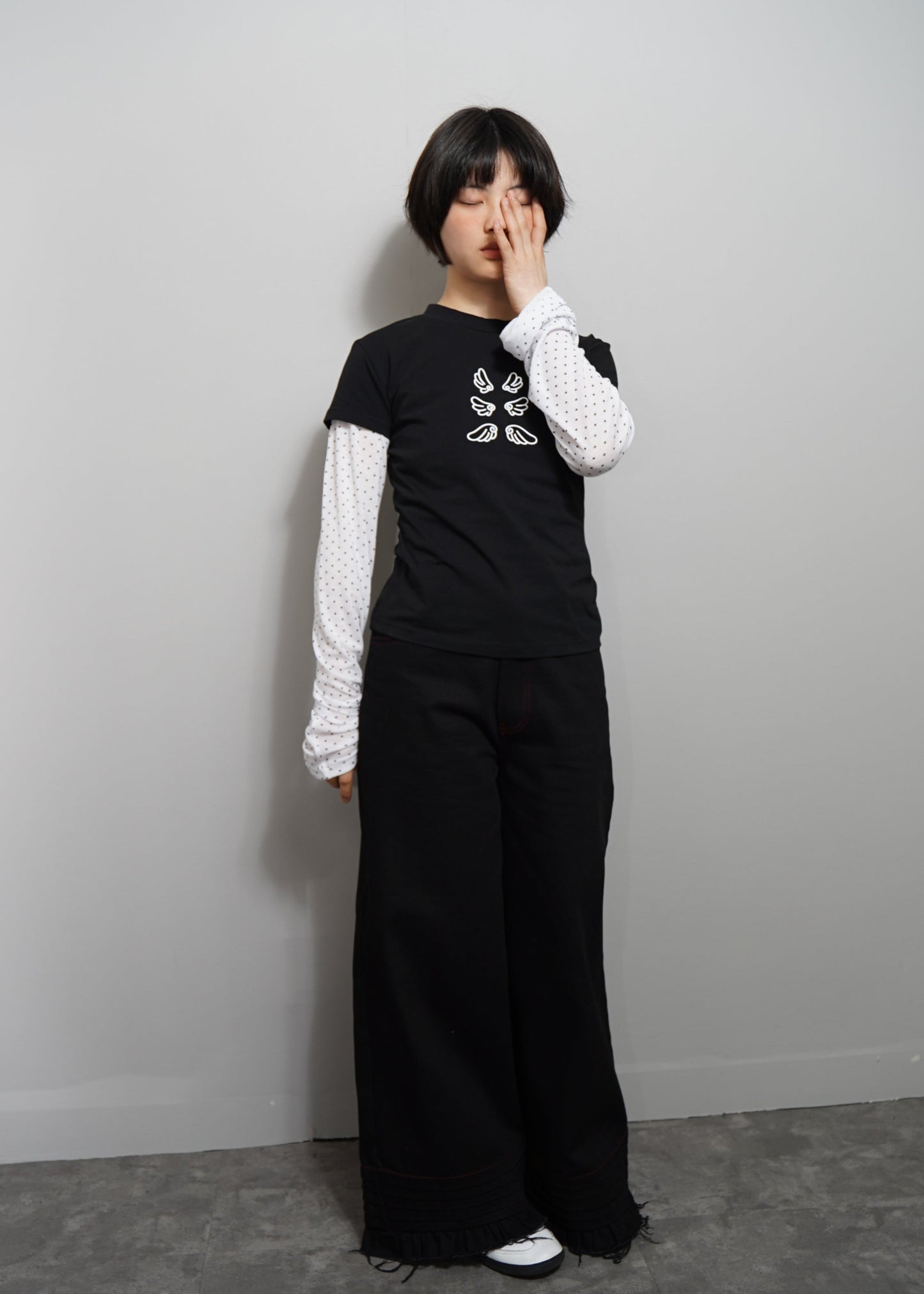 「Flying」layered T-shirt-BLACK