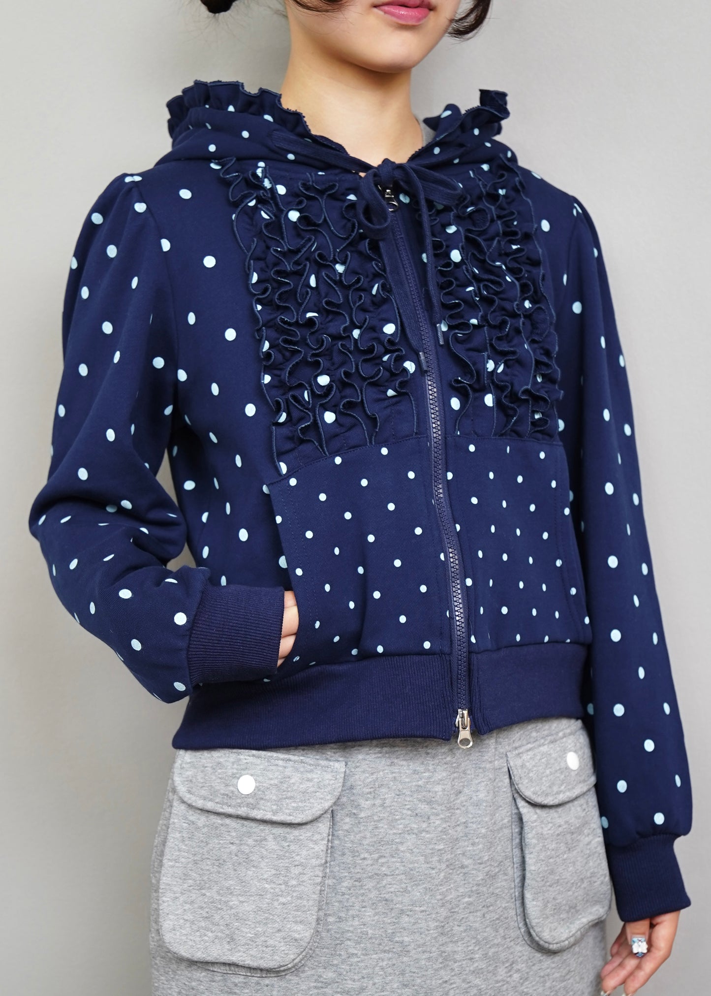 dot frill cotton zip hoodie