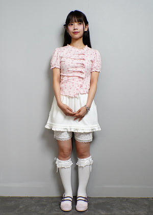 flower waffle frill button-up Tee
