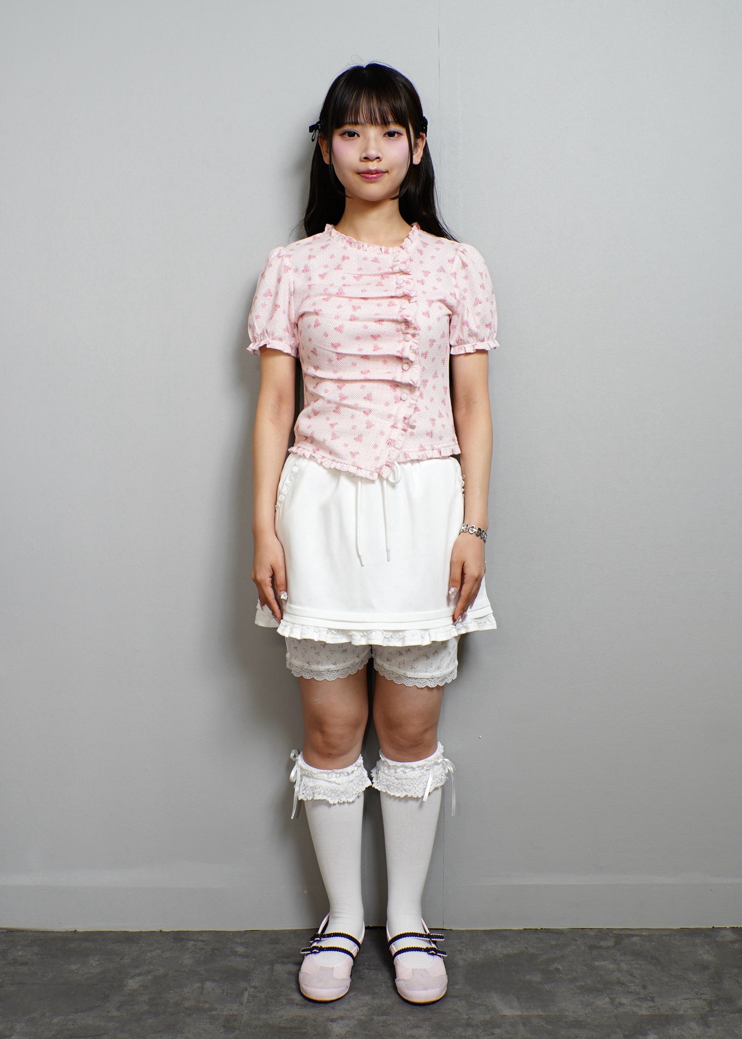 flower waffle frill button-up Tee