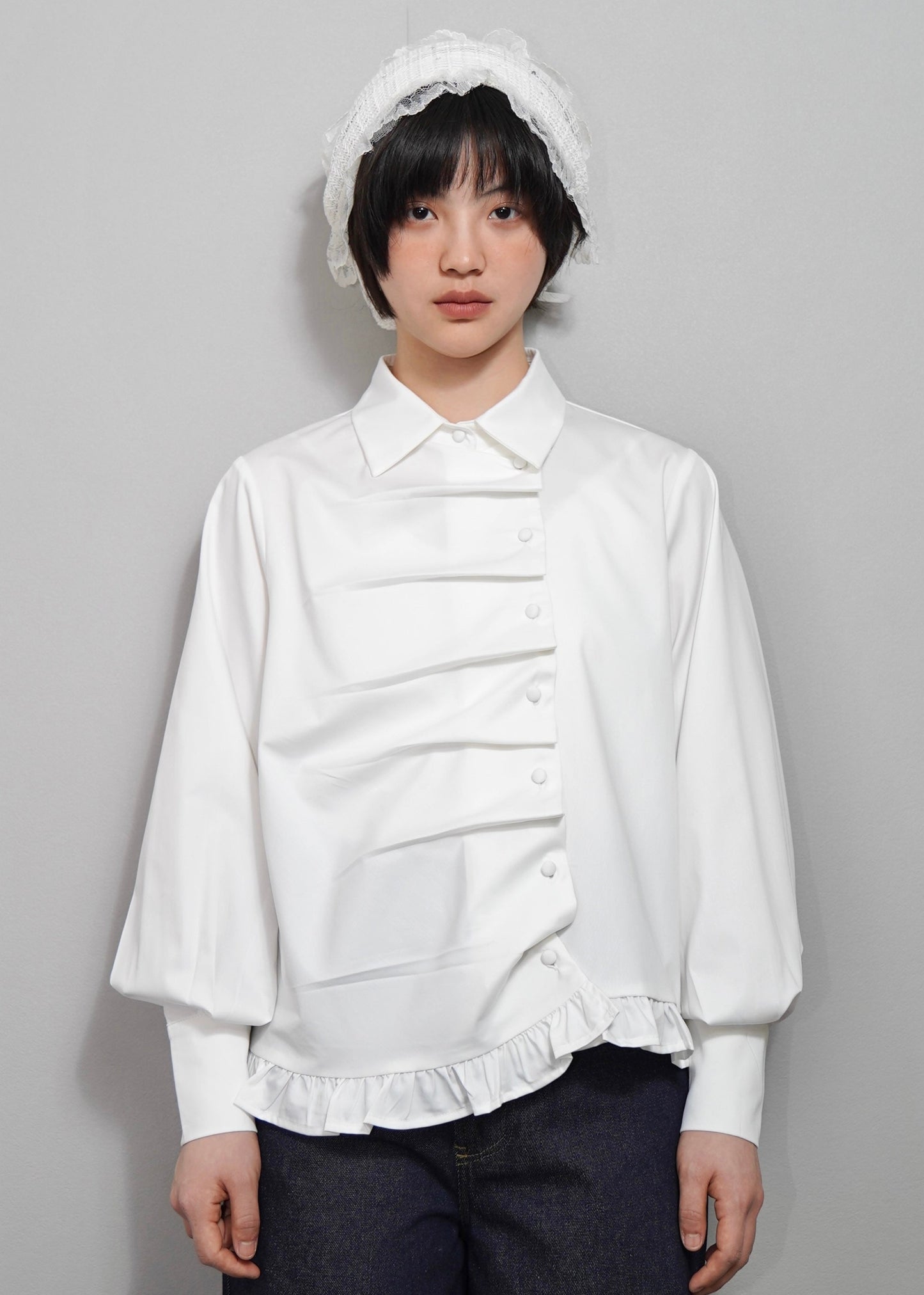 button up frill blouse-WHITE