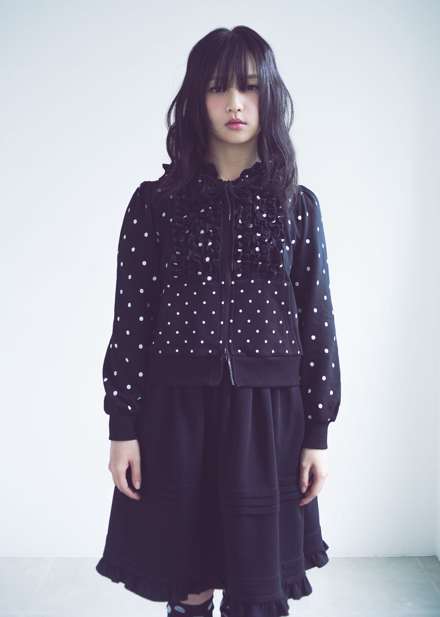 dot frill cotton zip hoodie