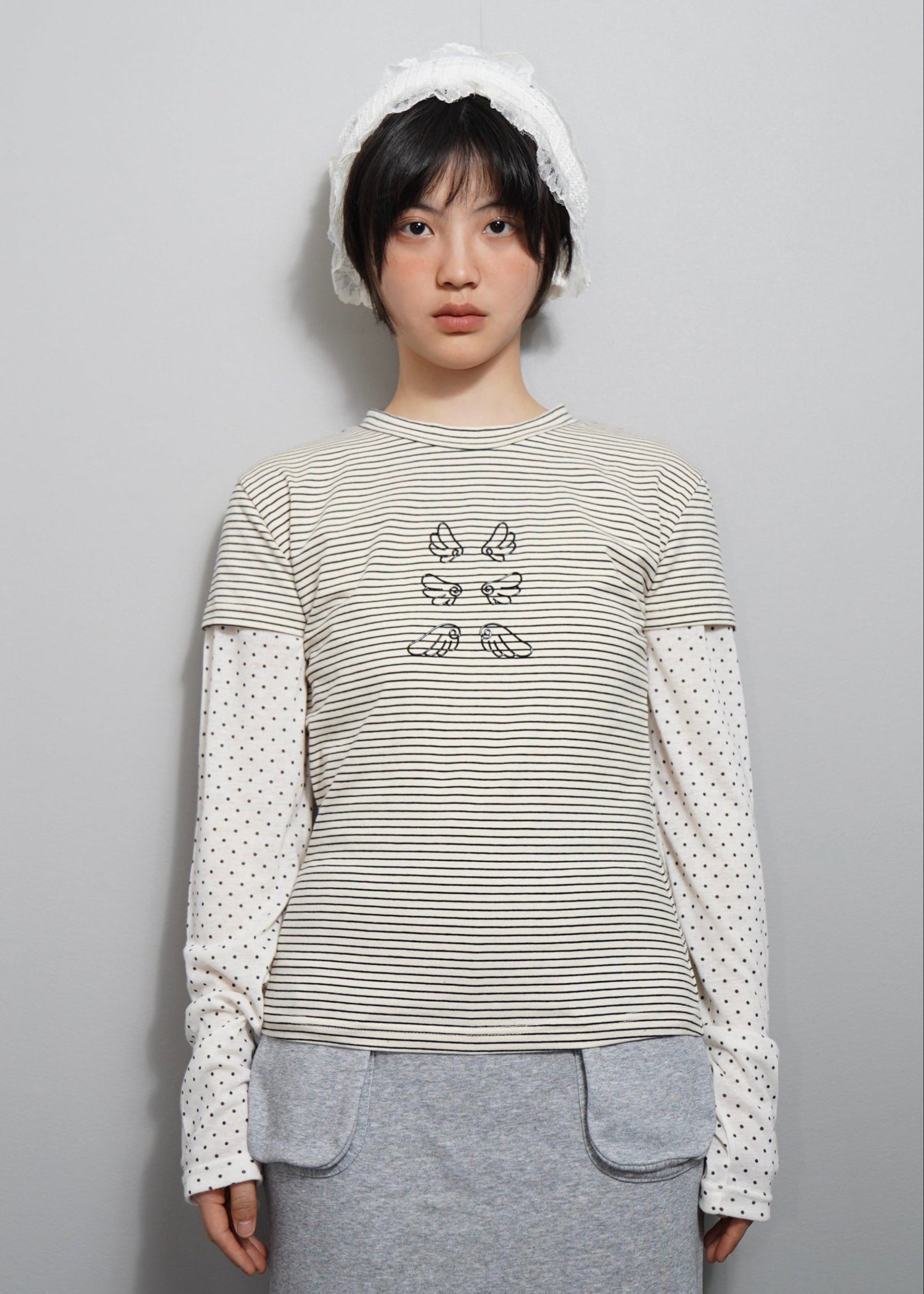 「Flying」layered T-shirt-CREAM BORDER