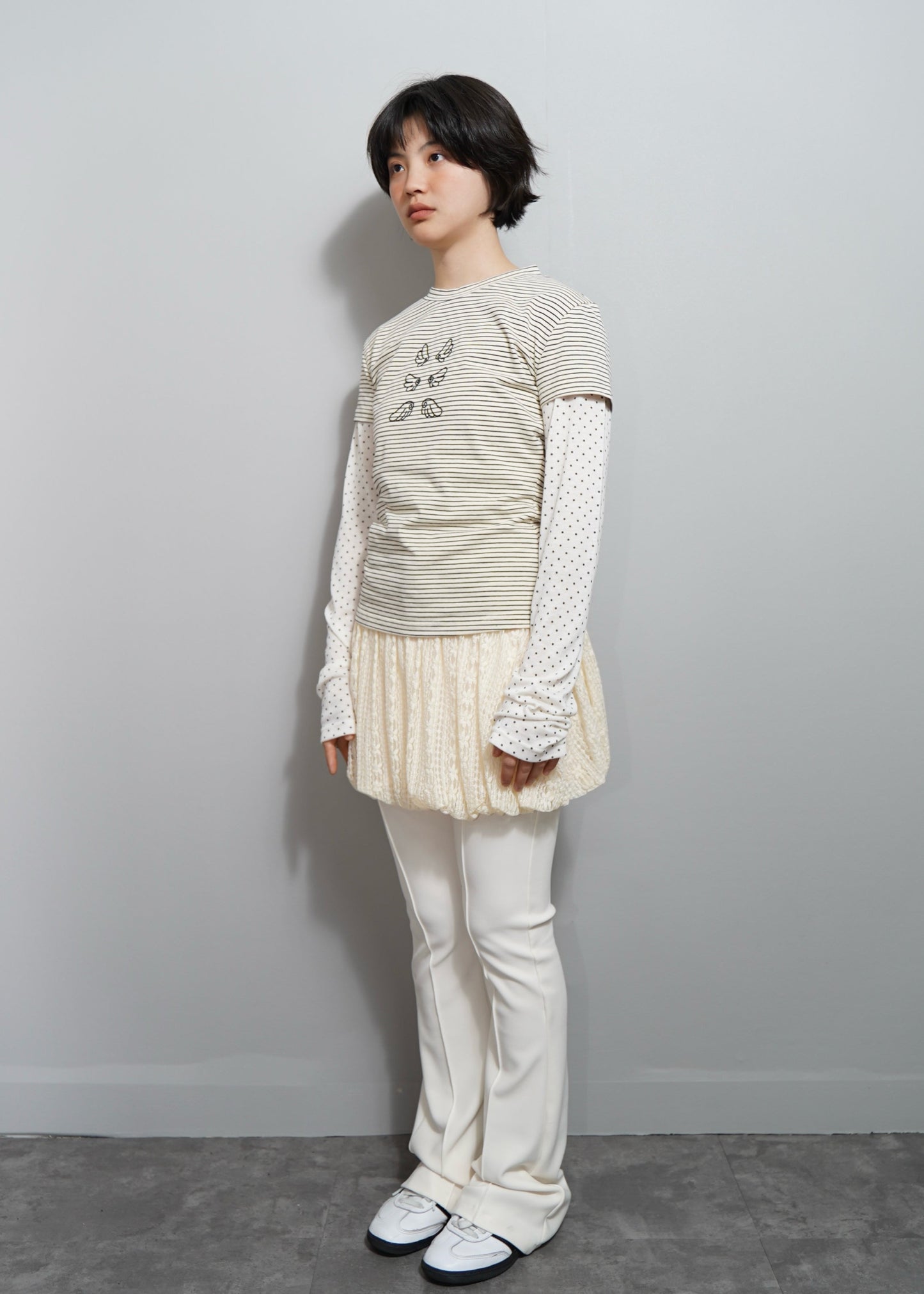 「Flying」layered T-shirt-CREAM BORDER