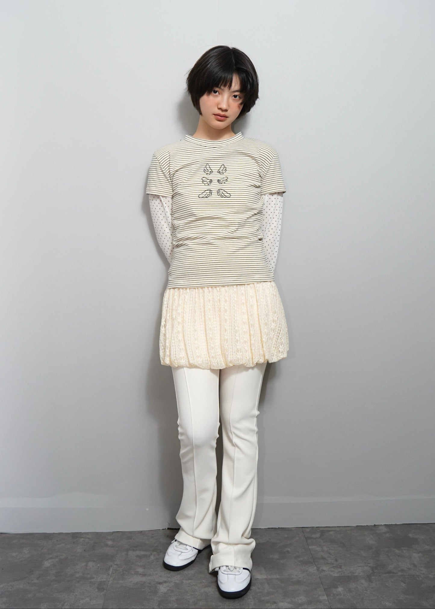 「Flying」layered T-shirt-CREAM BORDER