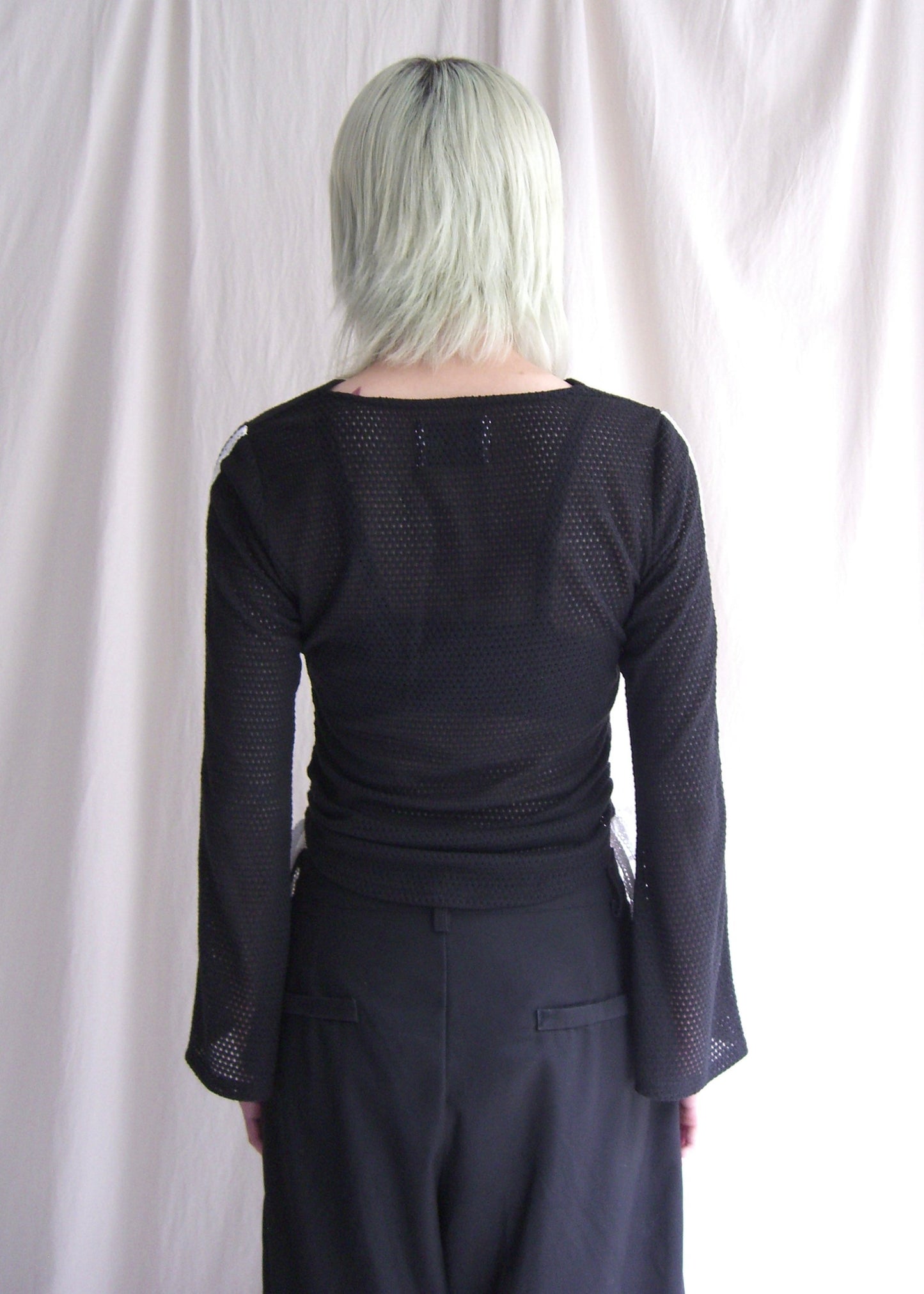 mesh ribbon blouse -BLACK