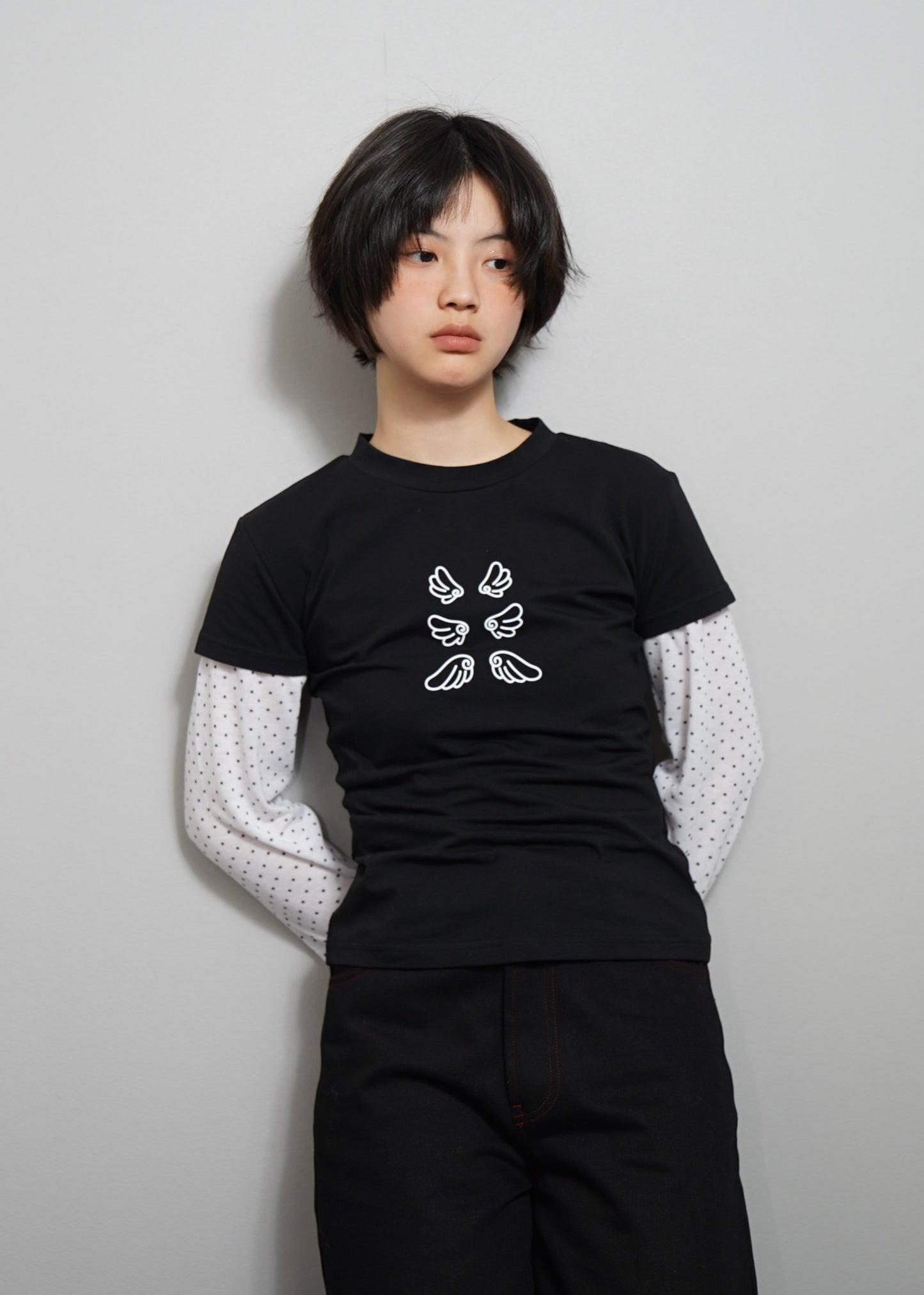 「Flying」layered T-shirt-BLACK