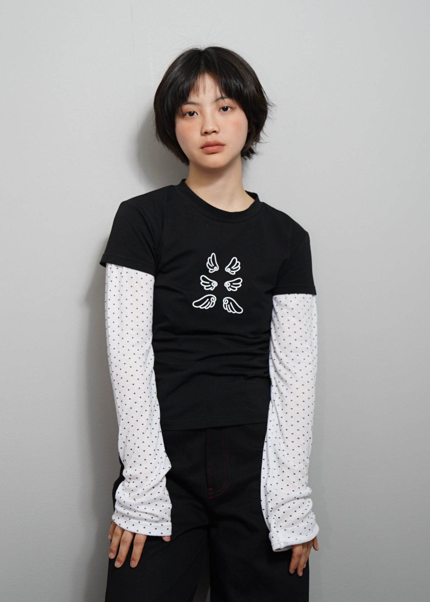 「Flying」layered T-shirt-BLACK