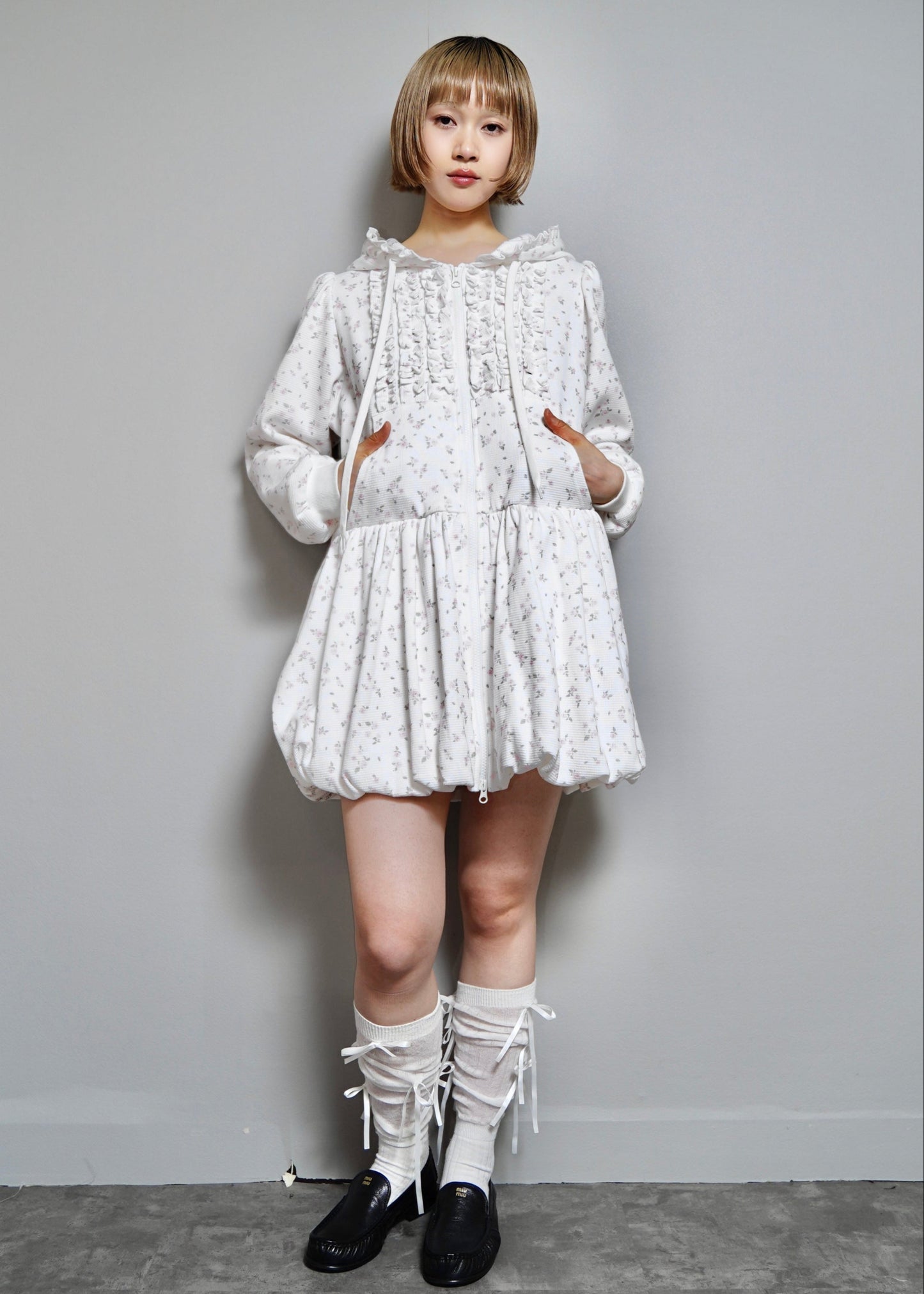 flower waffle balloon zip dress