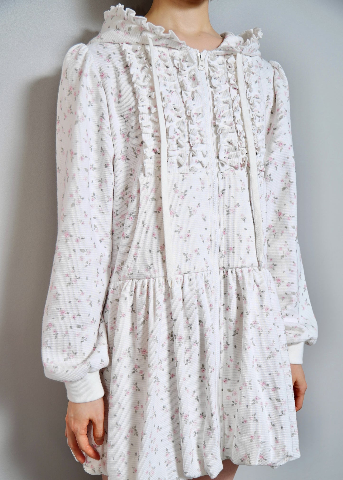 flower waffle balloon zip dress