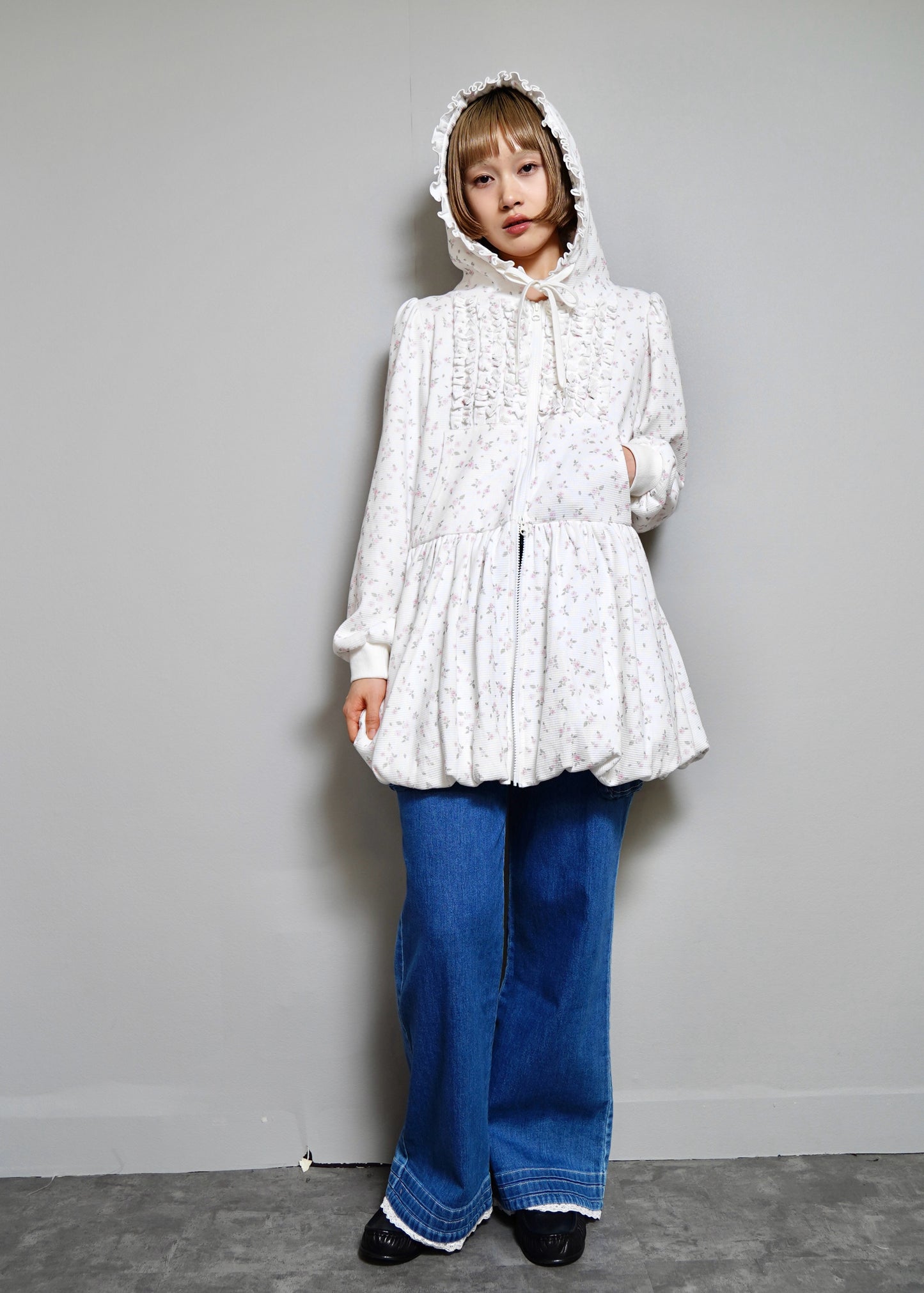 flower waffle balloon zip dress