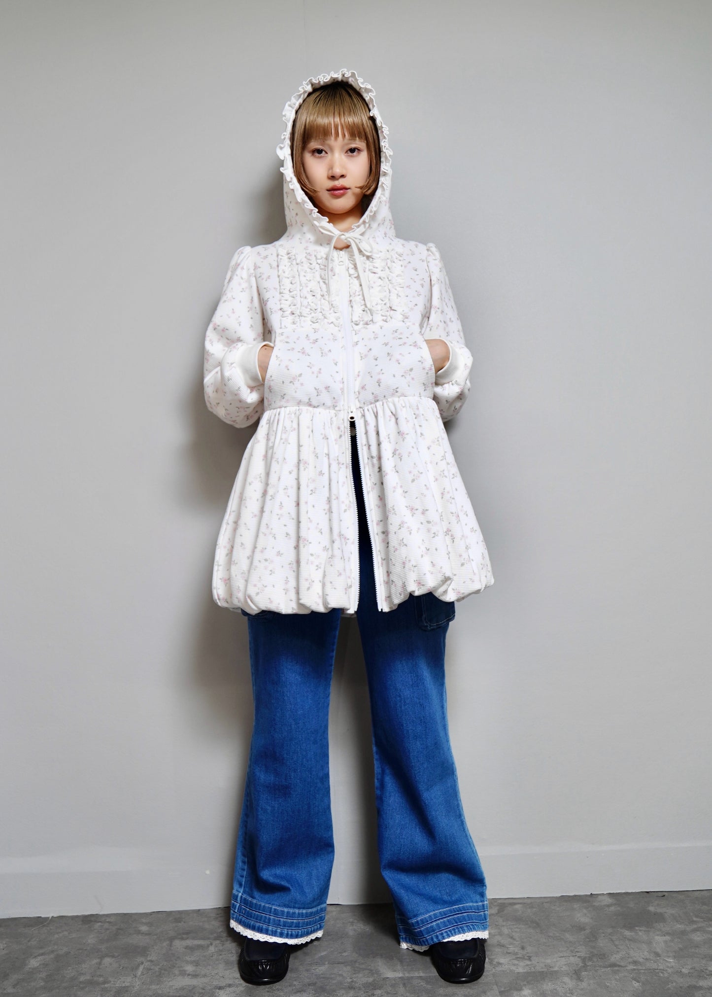 flower waffle balloon zip dress