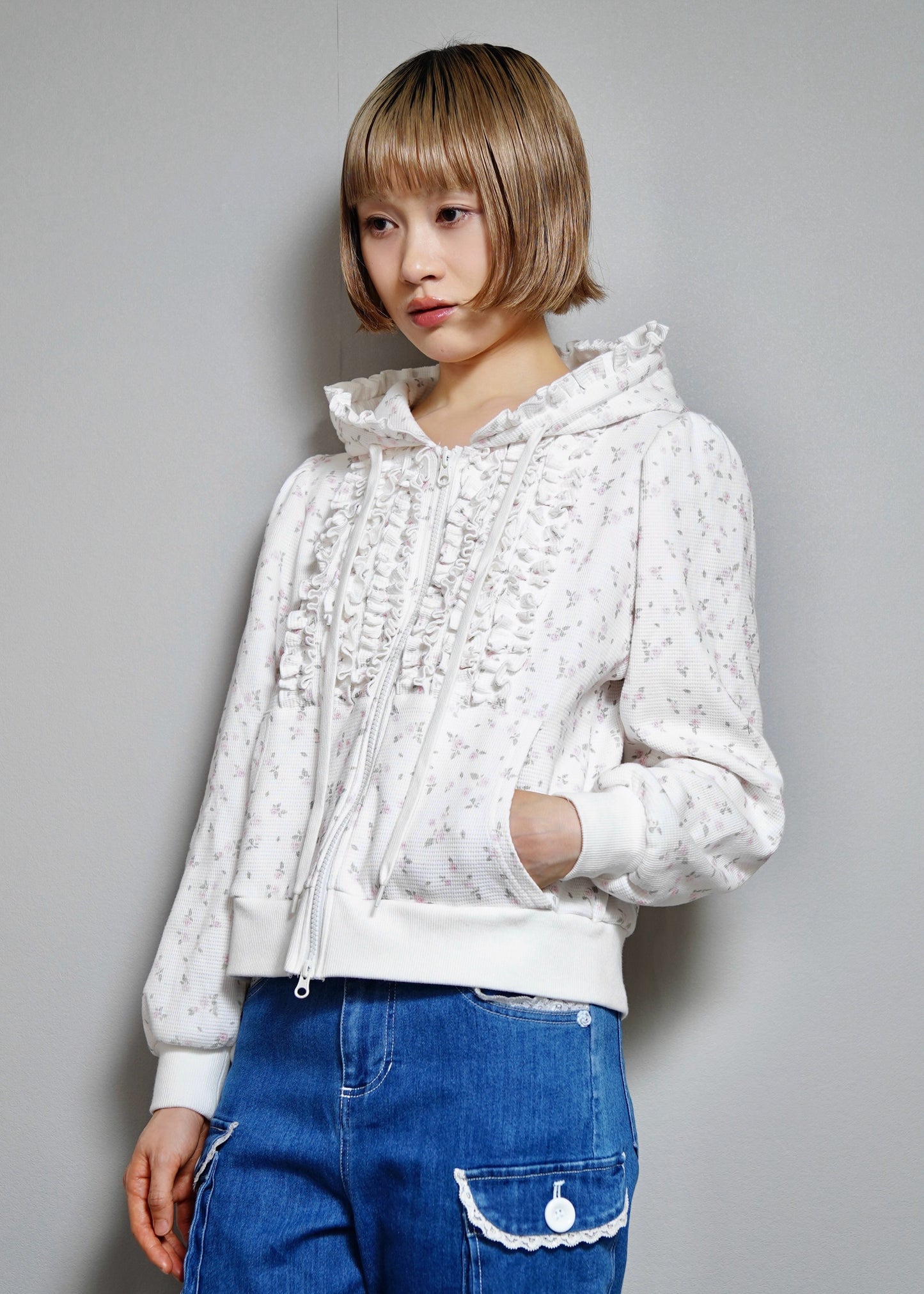 flower waffle zip hoodie