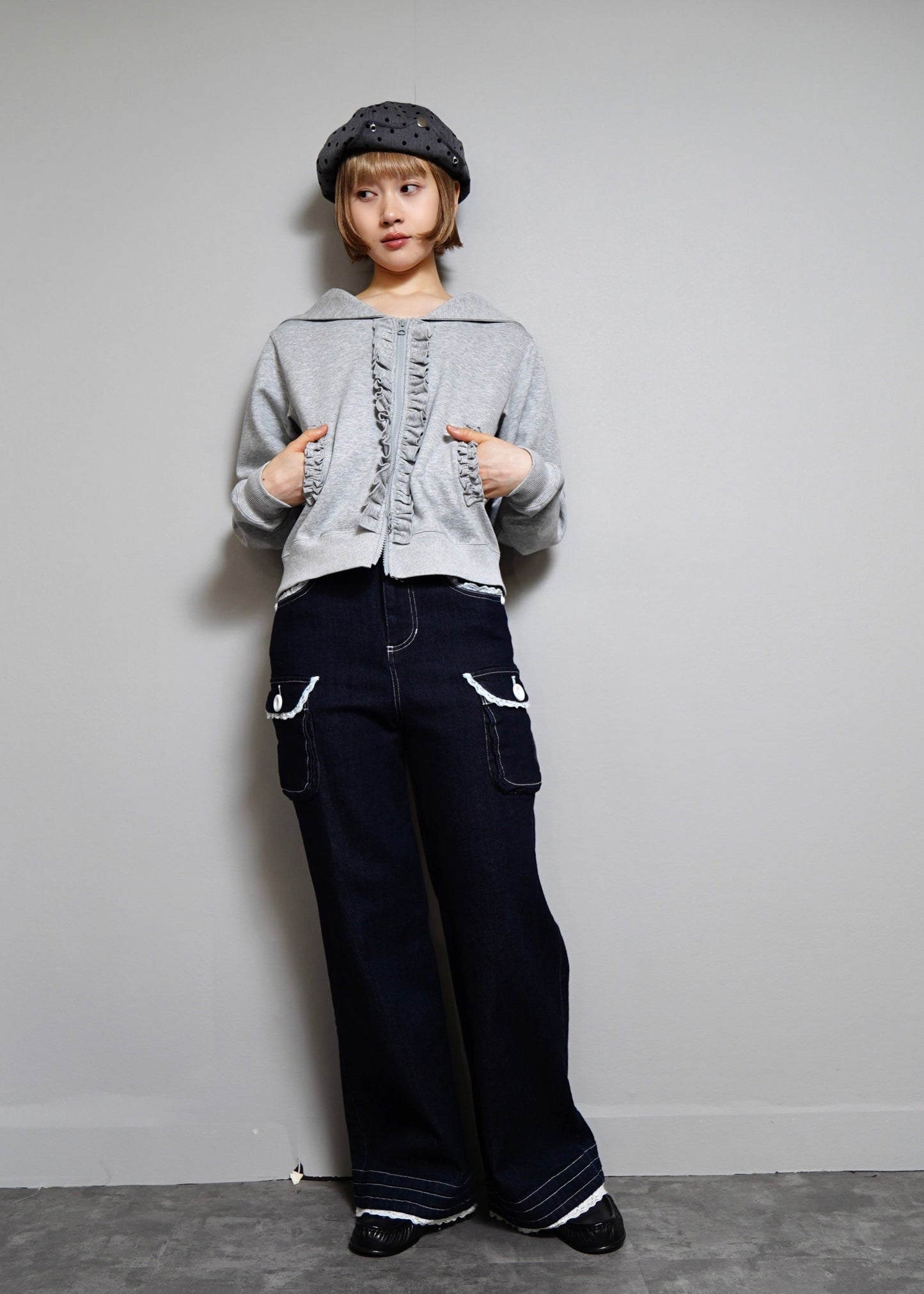 sailor collar frill zip hoodie