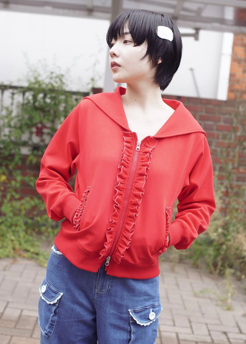 sailor collar frill zip hoodie
