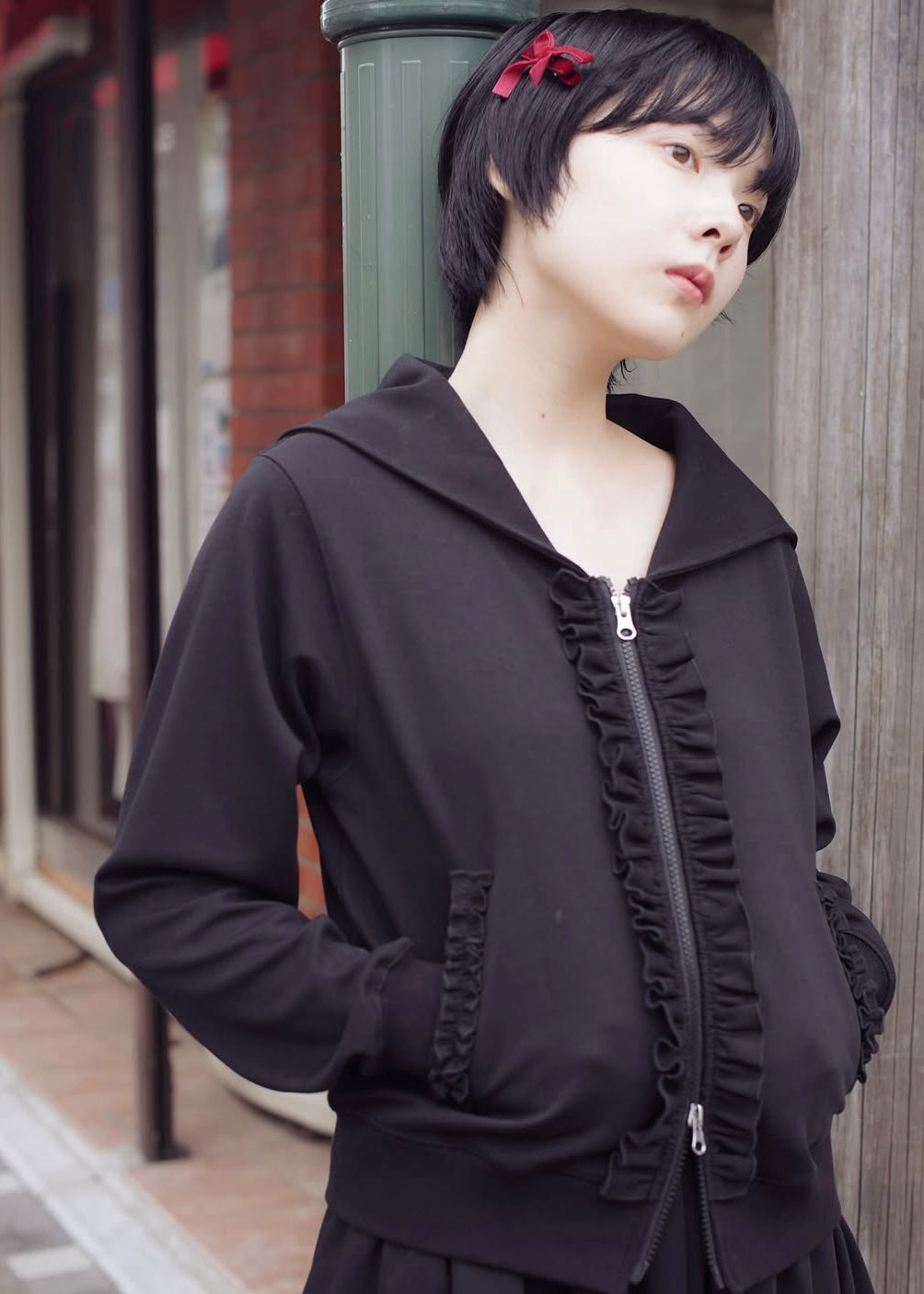sailor collar frill zip hoodie