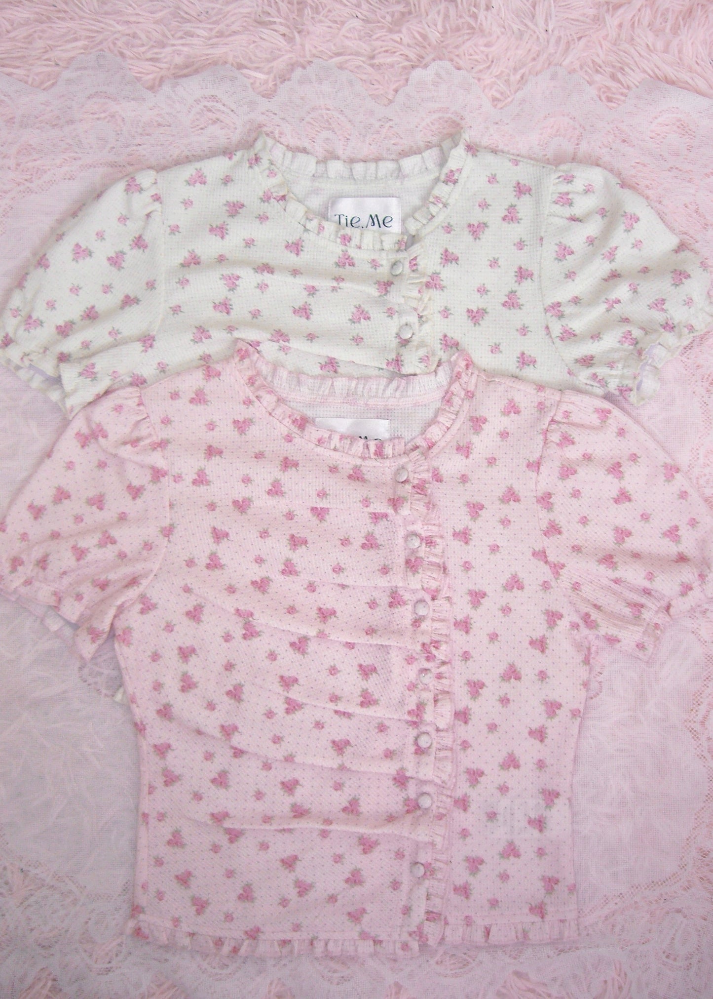 flower waffle frill button-up Tee
