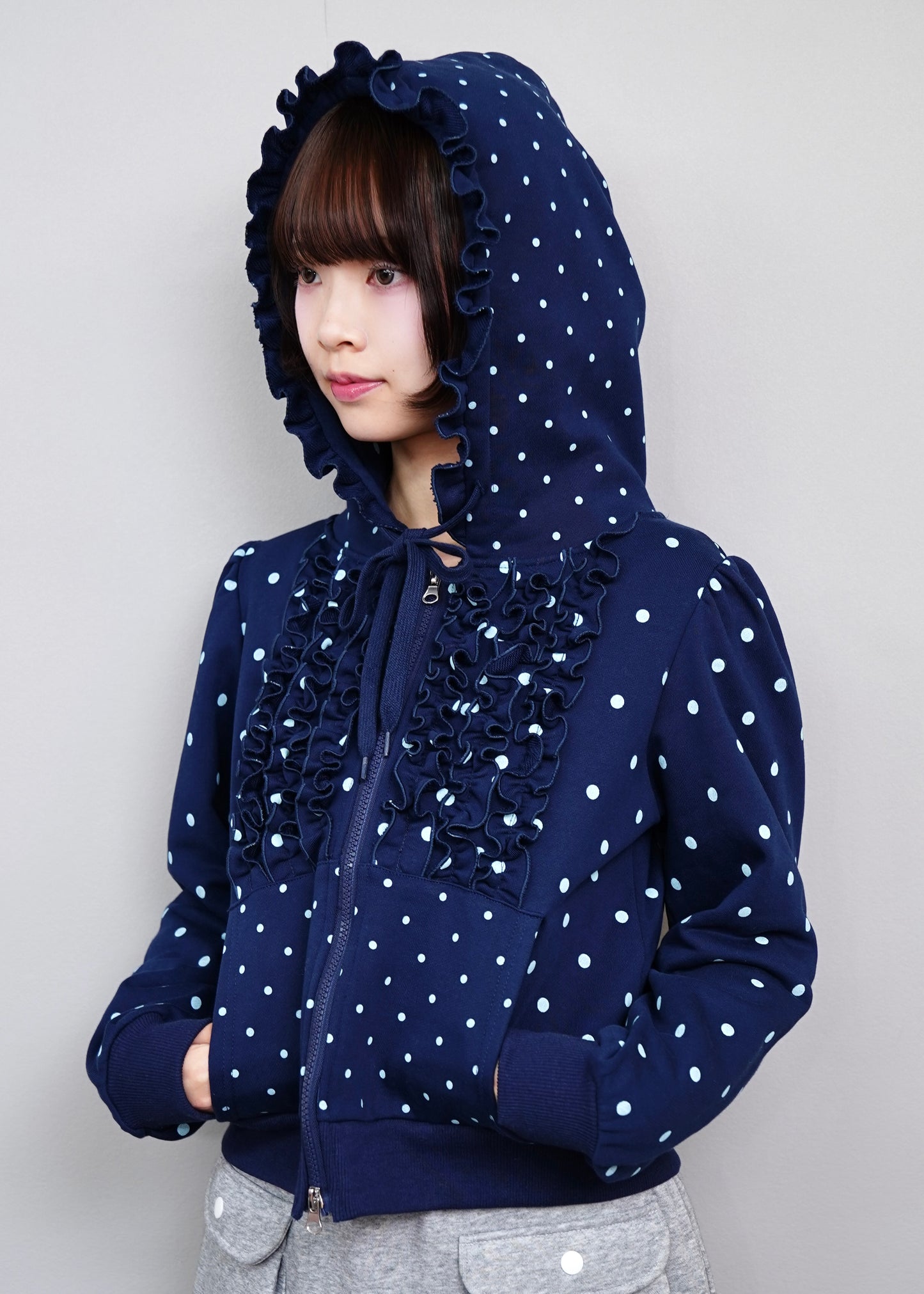 dot frill cotton zip hoodie